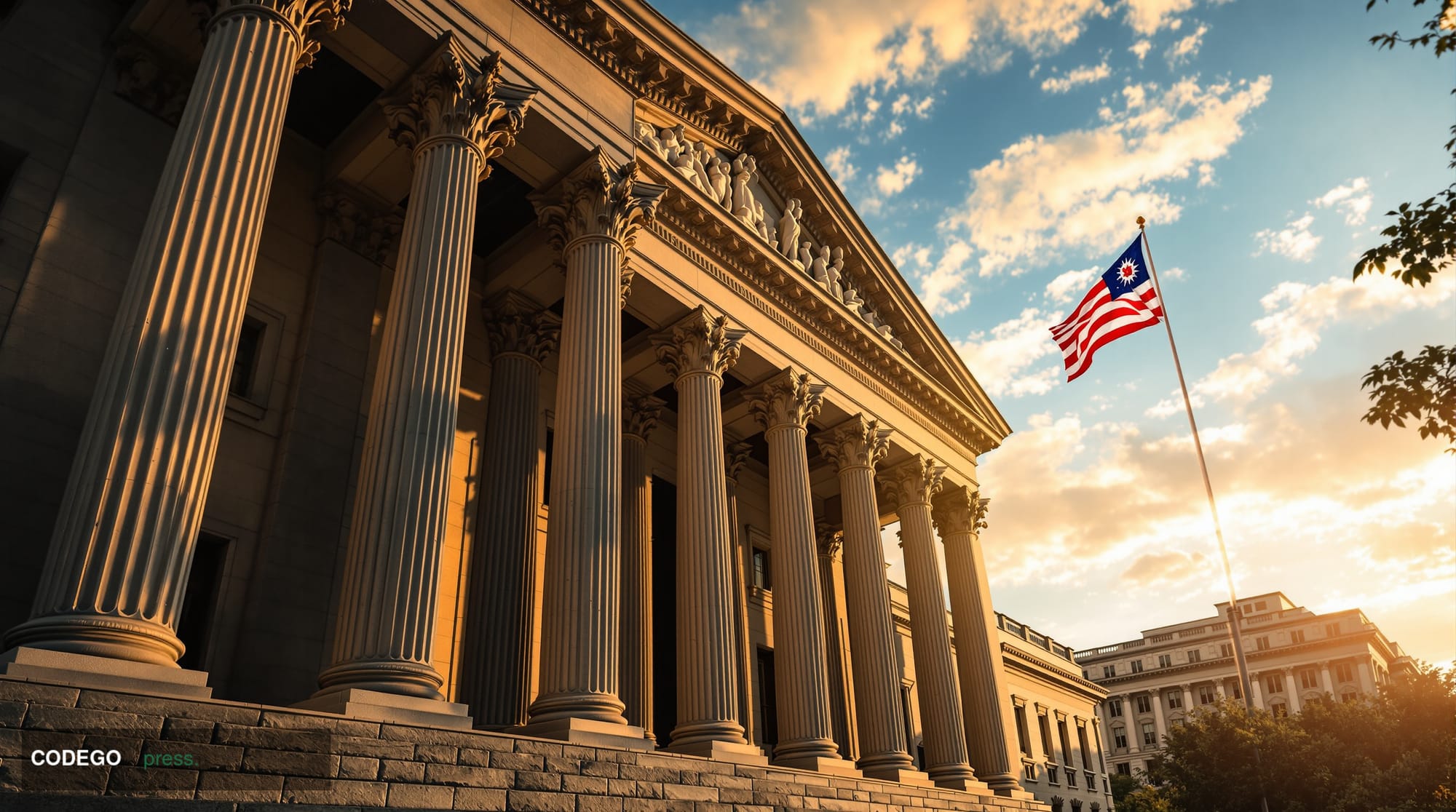 A photorealistic editorial photograph of the US Department of Justice building in Washington DC at golden hour, with dramatic