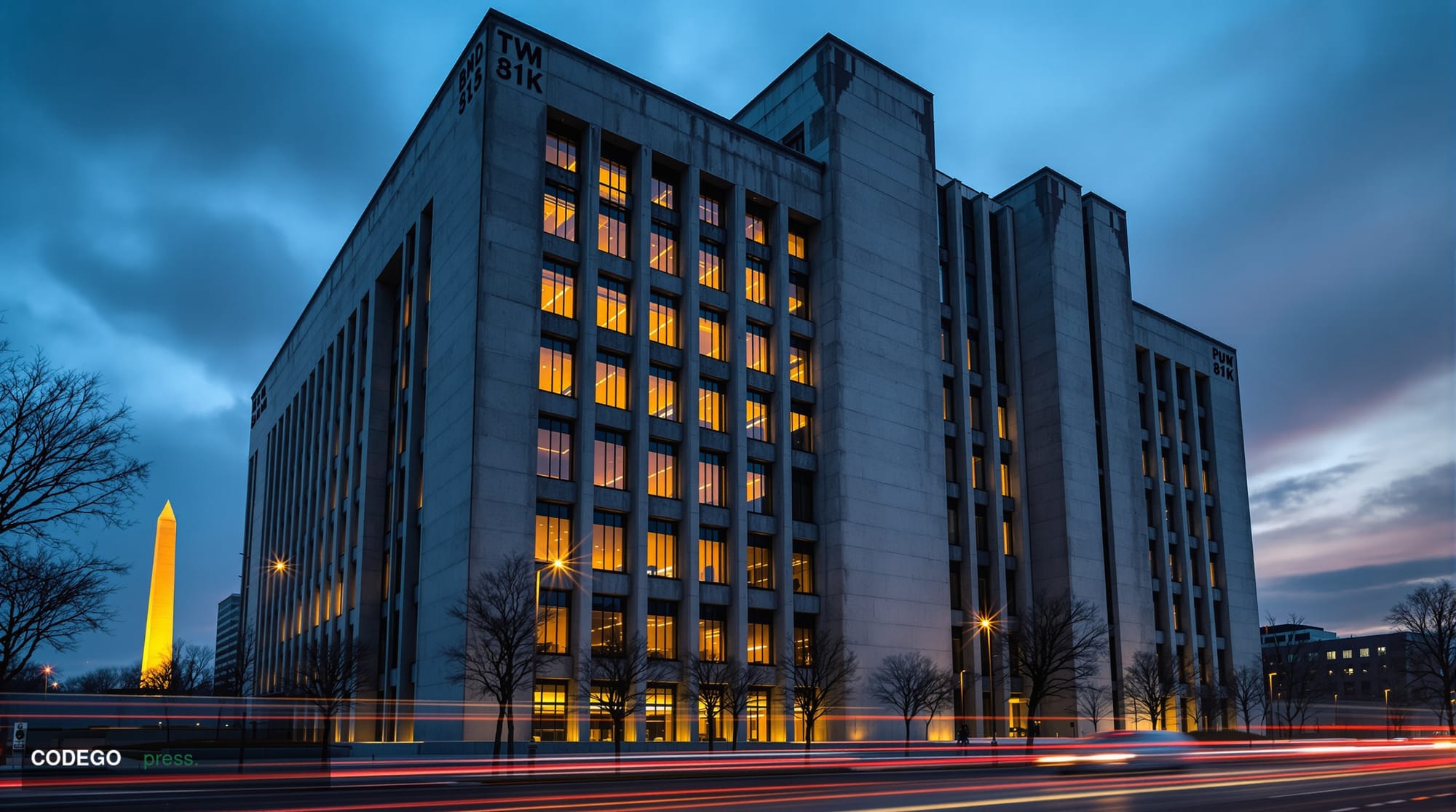 A dramatic cinematic establishing shot of the Robert F. Kennedy Department of Justice building in Washington DC at dusk, capt