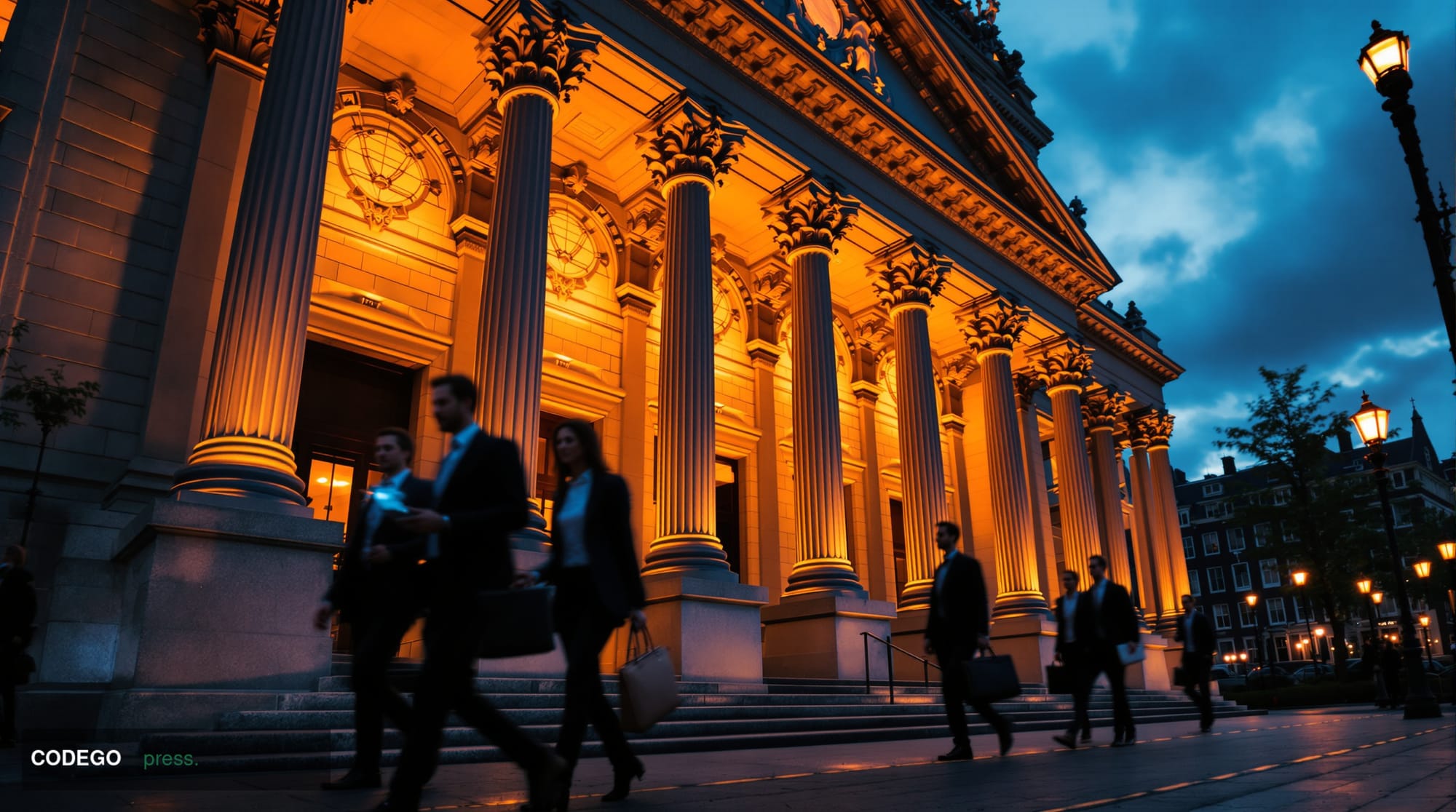 A sophisticated editorial photograph capturing the imposing neoclassical facade of De Nederlandsche Bank's headquarters in Am