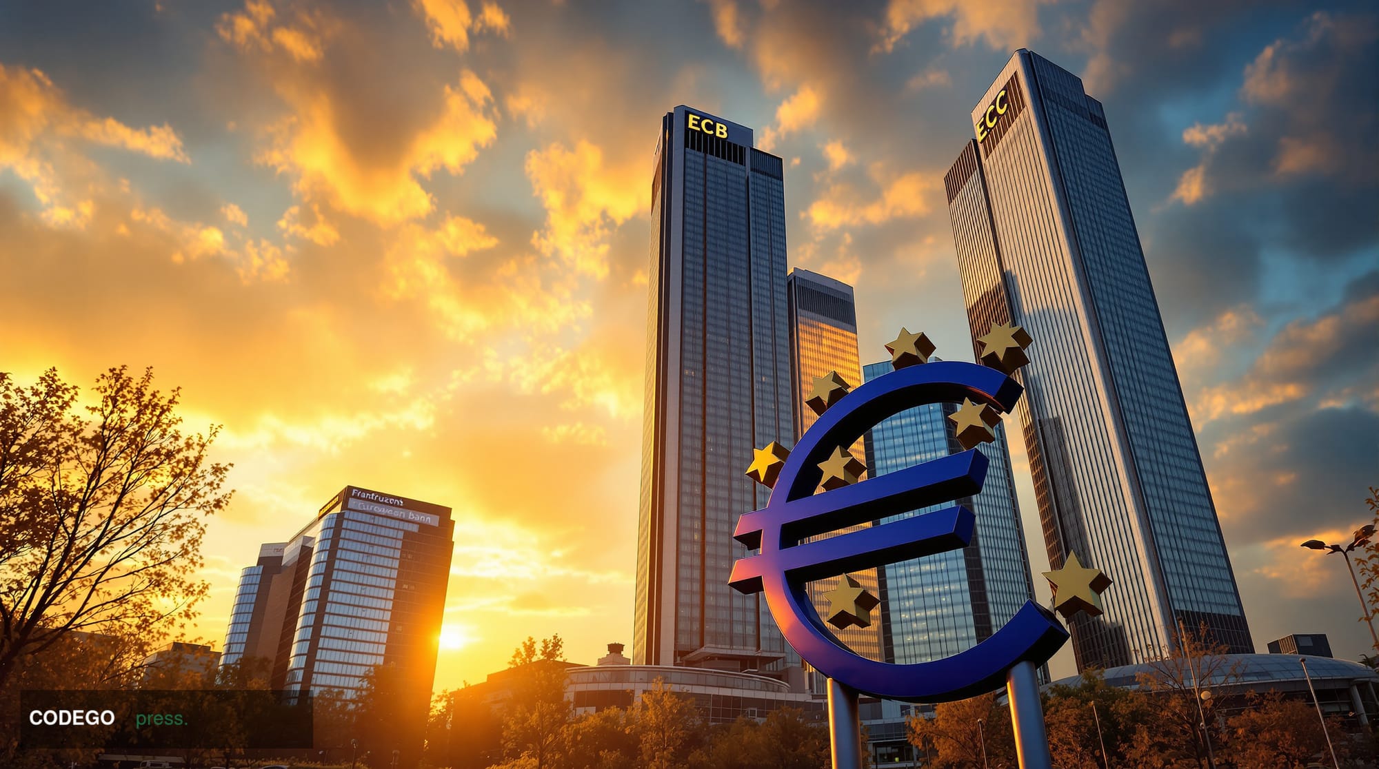 A cinematic editorial photograph of the European Central Bank headquarters in Frankfurt, Germany, captured during golden hour