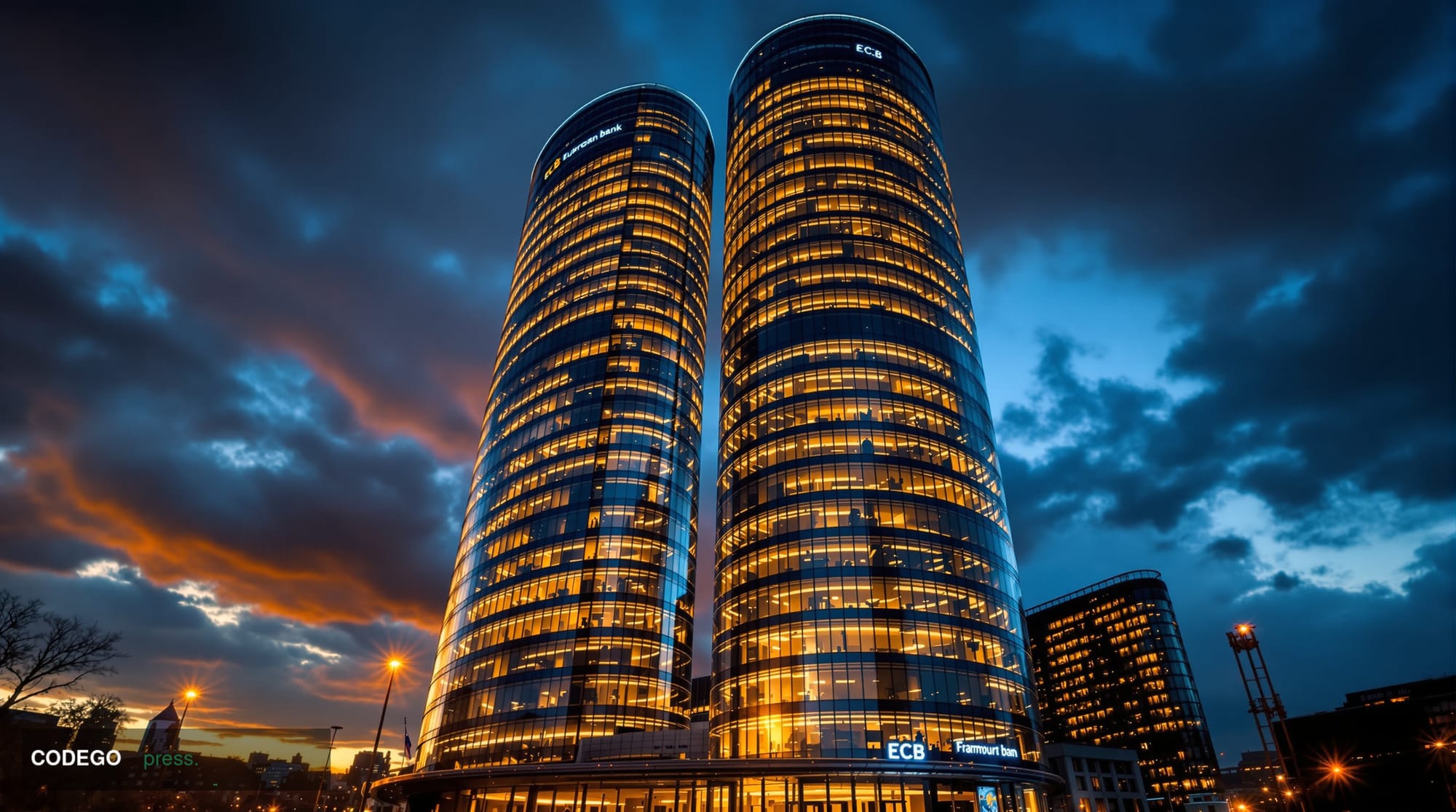 A dramatic editorial photograph of the European Central Bank headquarters in Frankfurt am Main, Germany, captured during gold