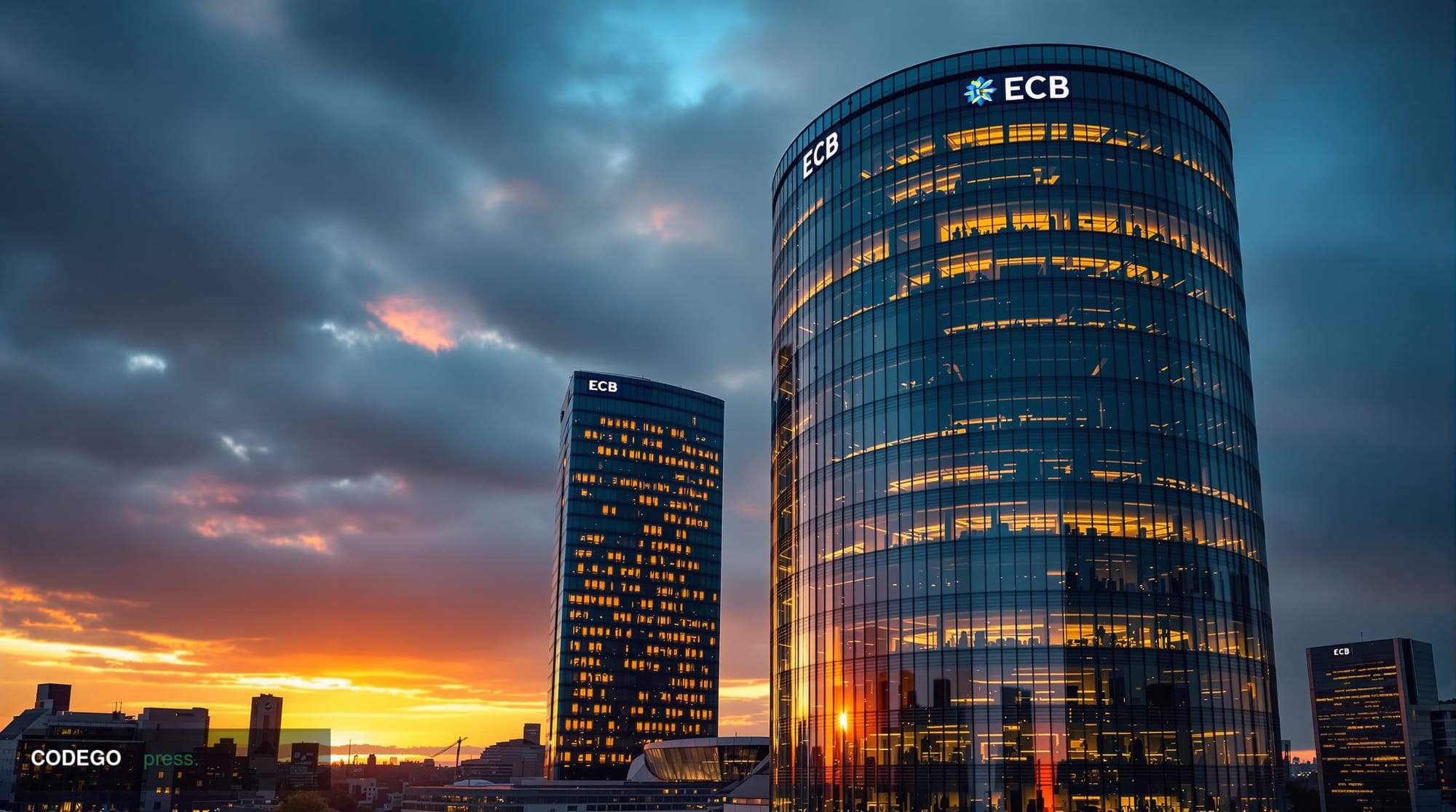 A cinematic editorial photograph of the European Central Bank's iconic twin-tower headquarters in Frankfurt am Main, Germany,