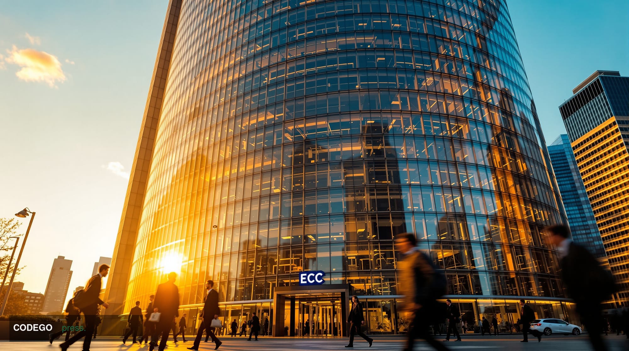 A dramatic cinematic photograph of the European Central Bank headquarters in Frankfurt am Main, Germany, captured during gold