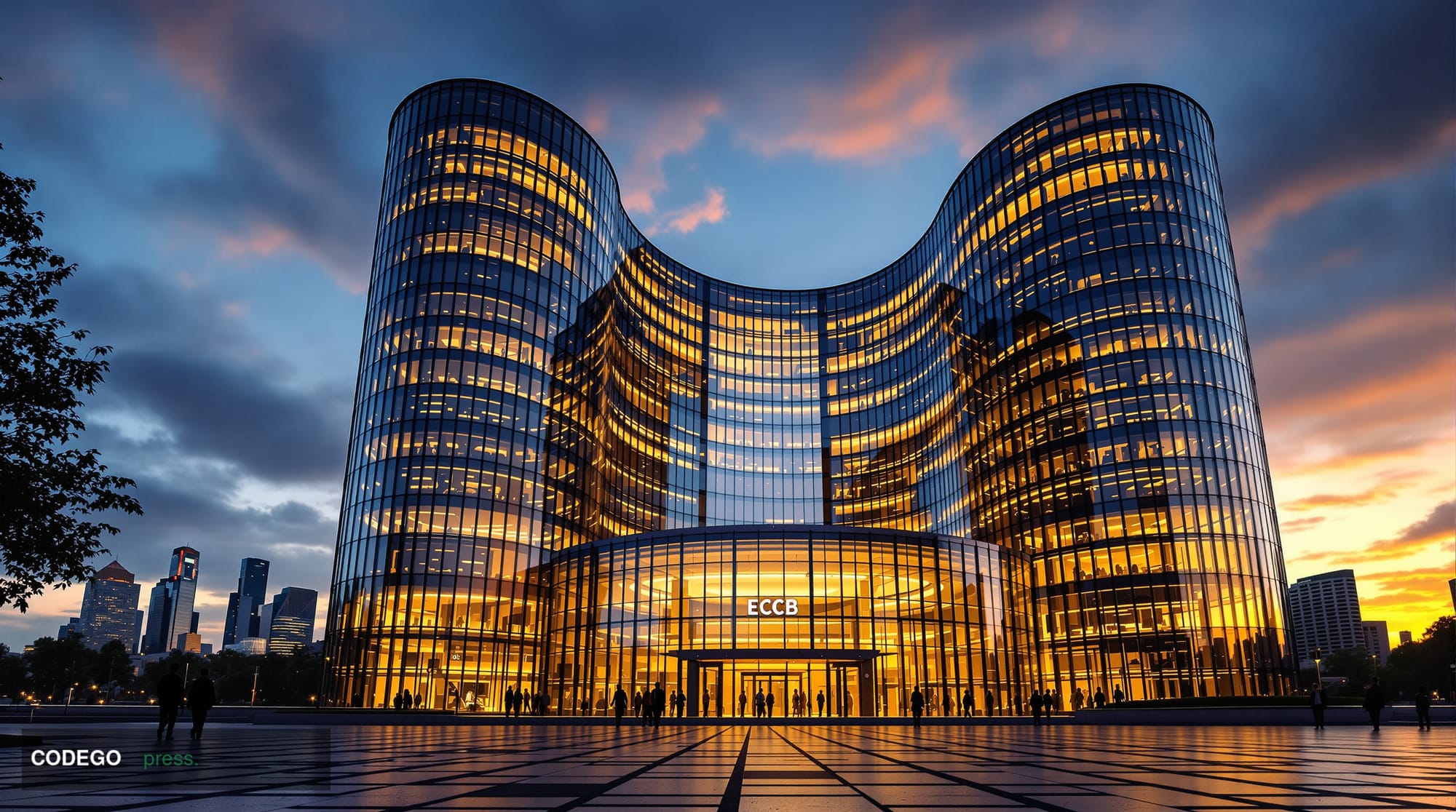 A photorealistic editorial photograph capturing the imposing glass and steel architecture of the European Central Bank headqu