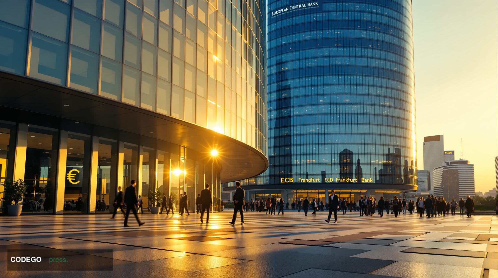 A dramatic photorealistic editorial photograph showcasing the European Central Bank's iconic headquarters in Frankfurt am Mai