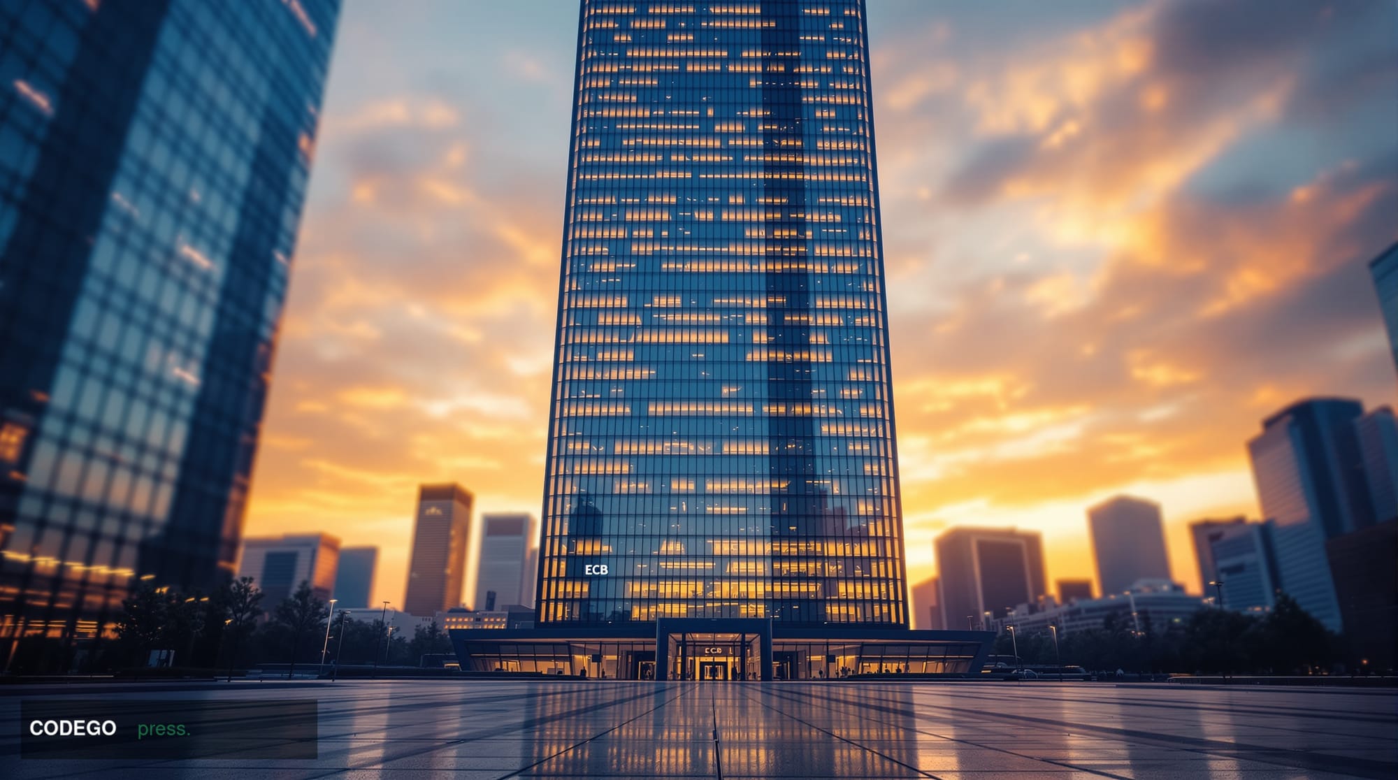 A cinematic editorial photograph of the imposing Eurotower headquarters of the European Central Bank in Frankfurt's banking d