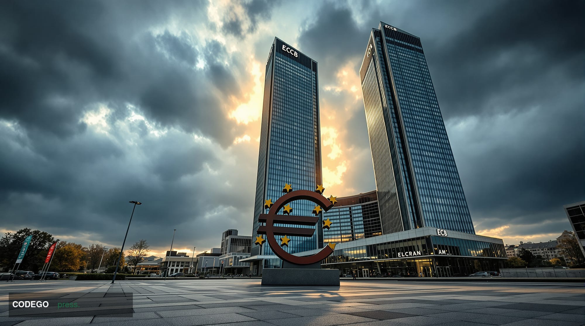 A cinematic editorial photograph of the European Central Bank's distinctive modernist headquarters building in Frankfurt am M