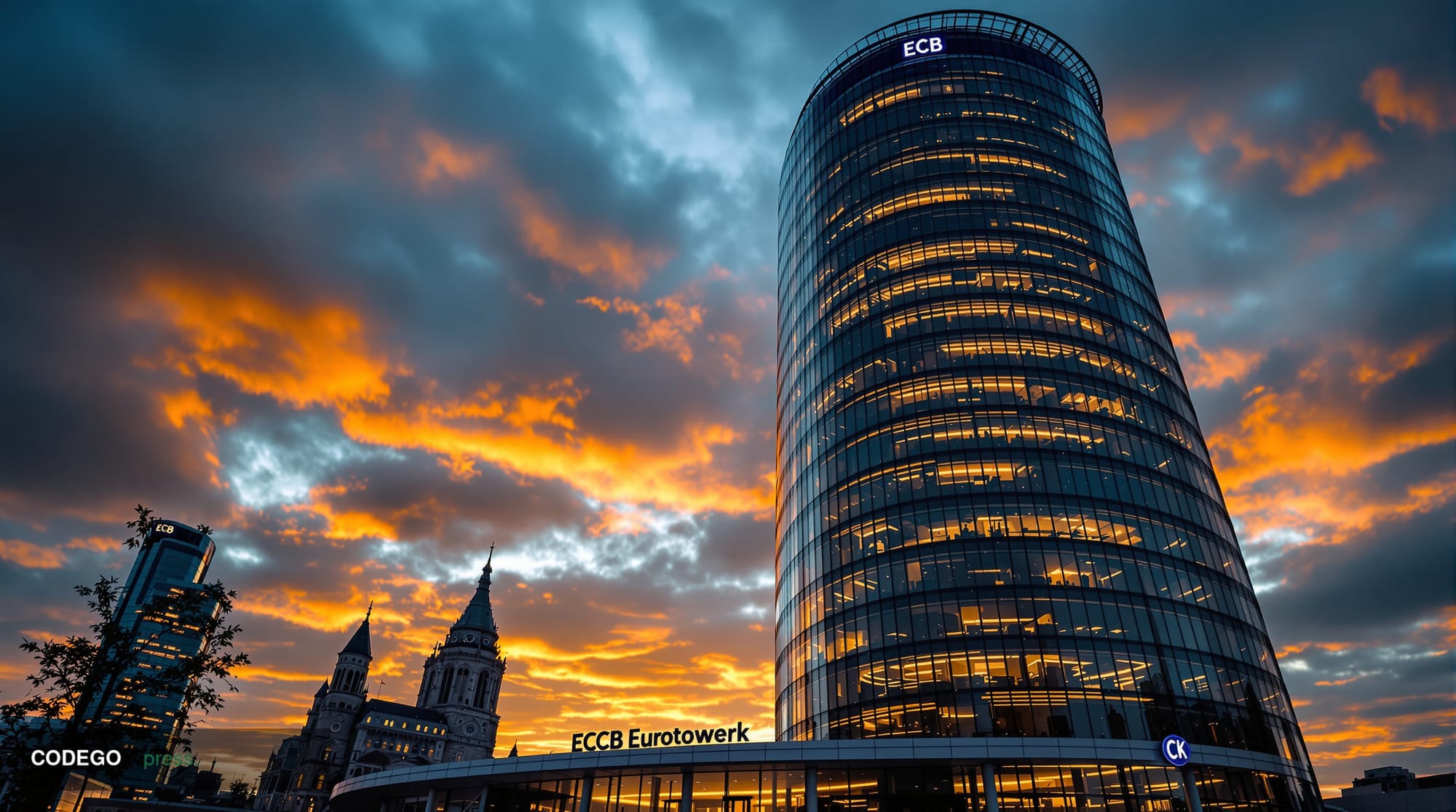 A dramatic photorealistic editorial photograph of the European Central Bank headquarters in Frankfurt am Main, Germany, captu