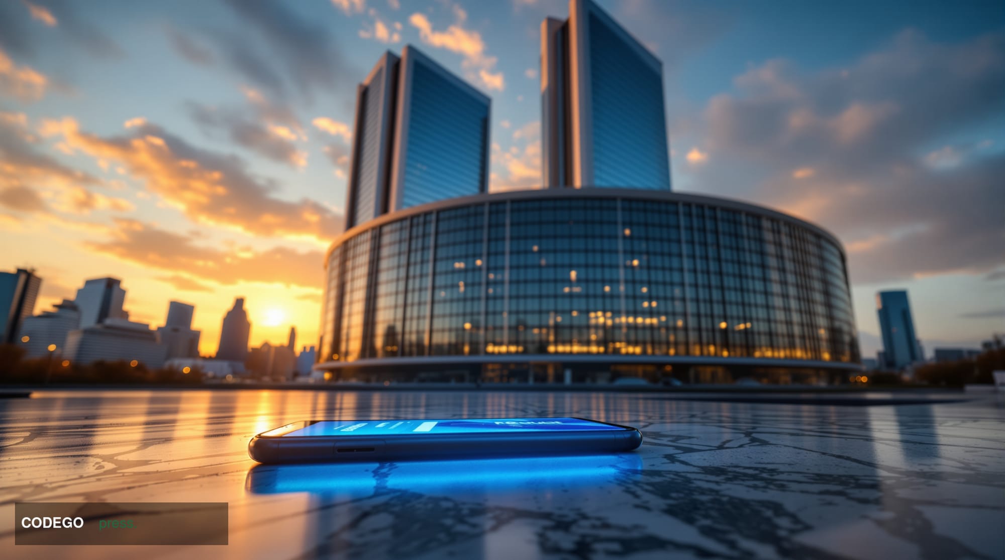 A dramatic photorealistic editorial photograph showing the imposing European Central Bank headquarters in Frankfurt, Germany,
