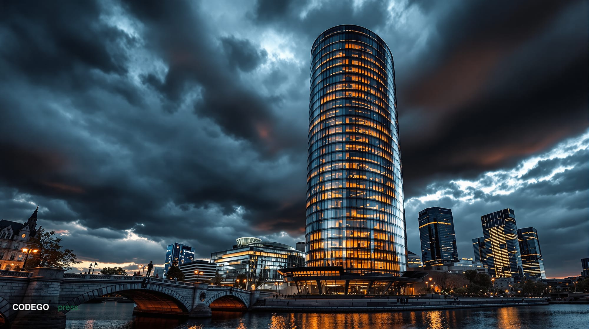 A dramatic wide-angle photograph of the European Central Bank headquarters in Frankfurt, Germany, captured during golden hour
