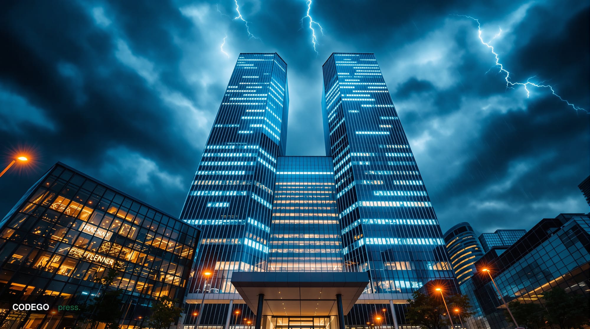 A dramatic editorial photograph capturing European financial regulatory tension, shot from a low angle looking up at the impo