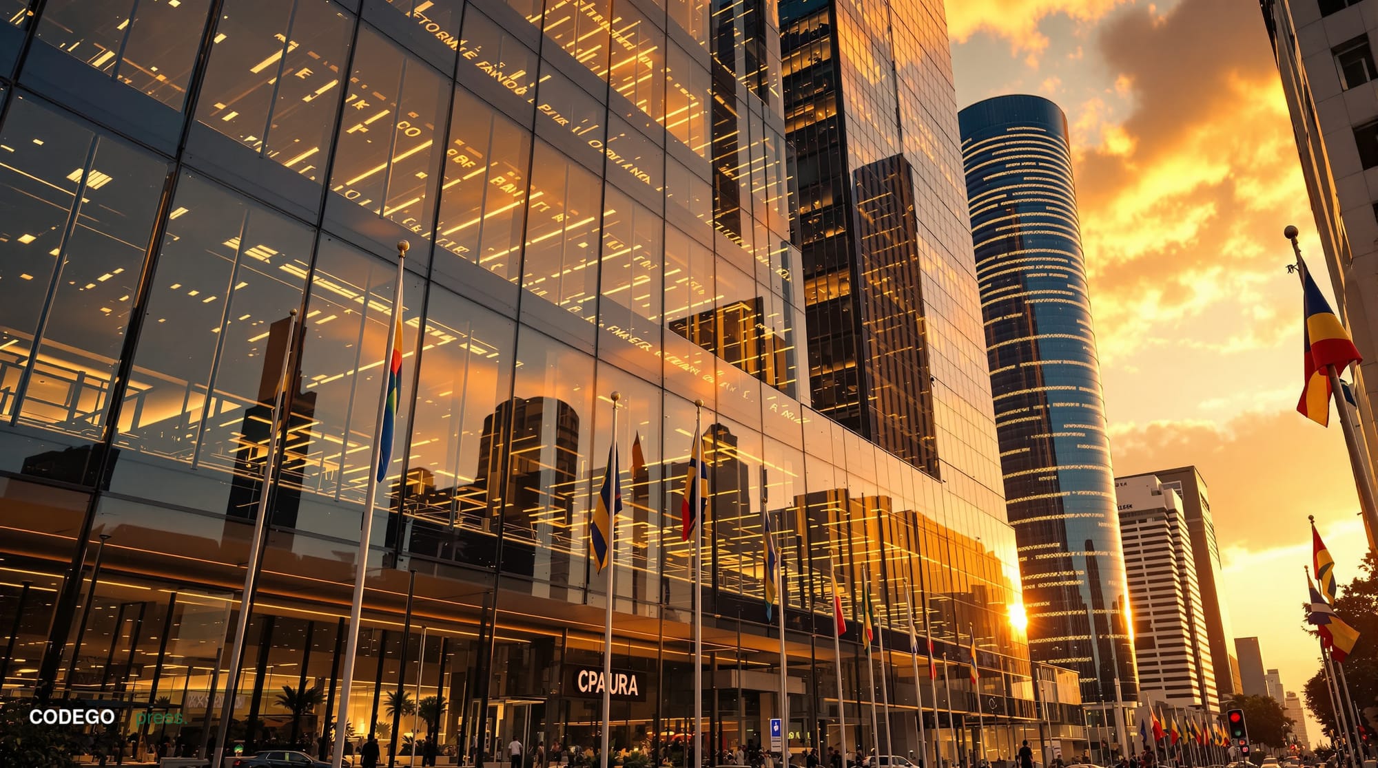 A cinematic editorial photograph capturing the vibrant Brazilian financial district of São Paulo at golden hour, with the rec
