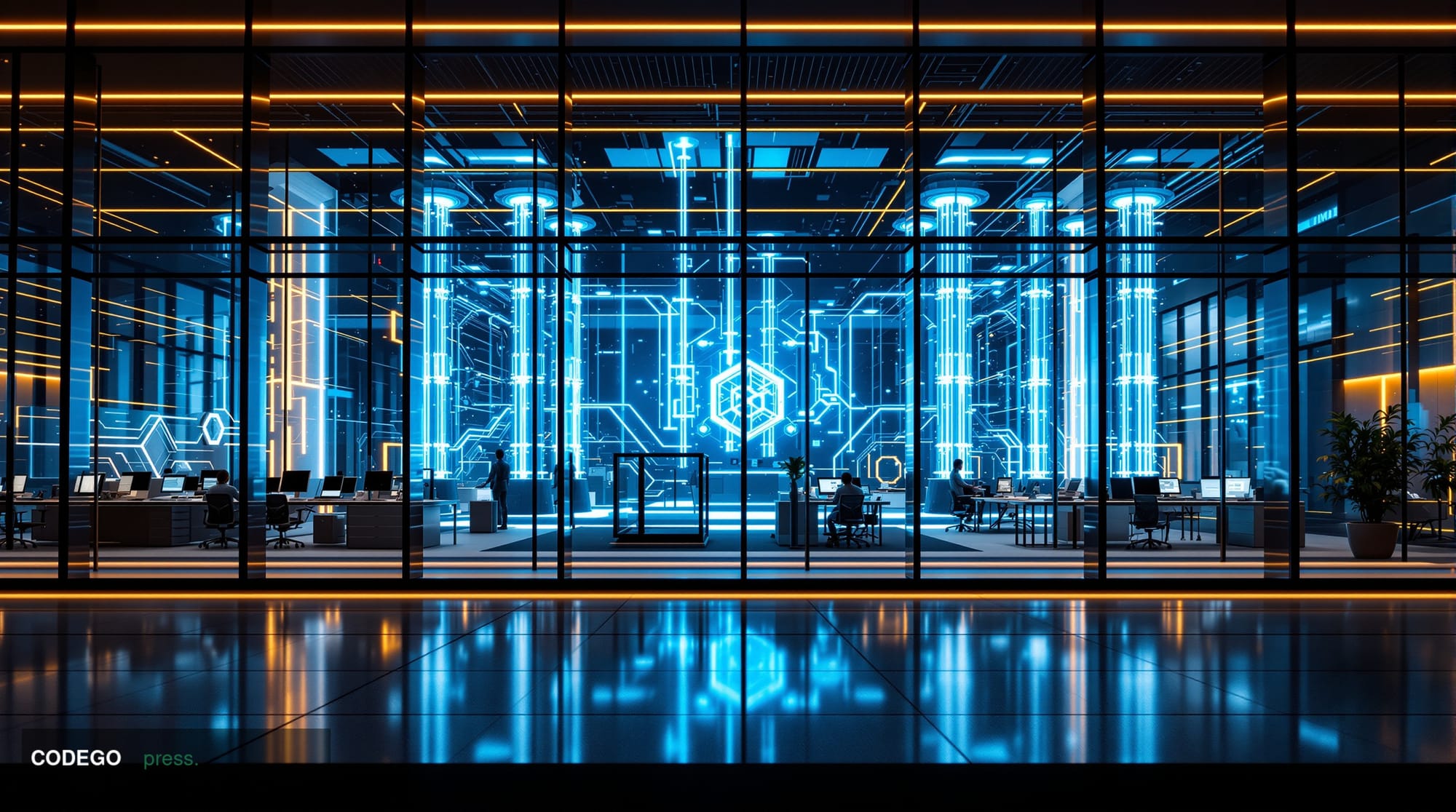 A dramatic cinematic photograph of Ethereum's recognizable headquarters or development offices in Switzerland, with quantum c