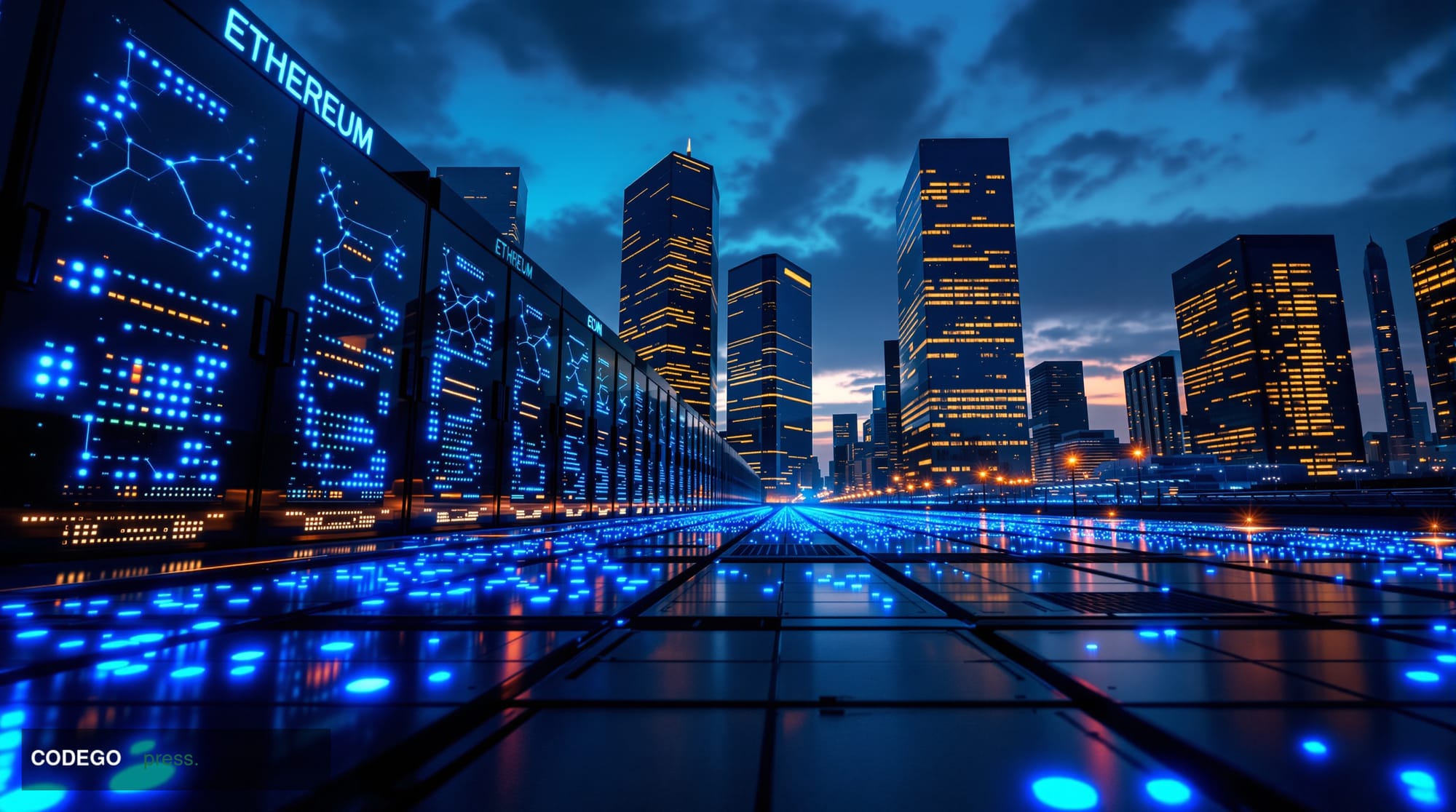 A cinematic editorial photograph showcasing the Ethereum blockchain ecosystem's resilience through a dramatic split-compositi