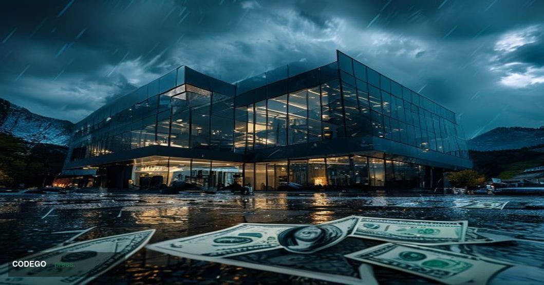 A cinematic editorial photograph showing the Ethereum Foundation headquarters in Zug, Switzerland, with dramatic storm clouds