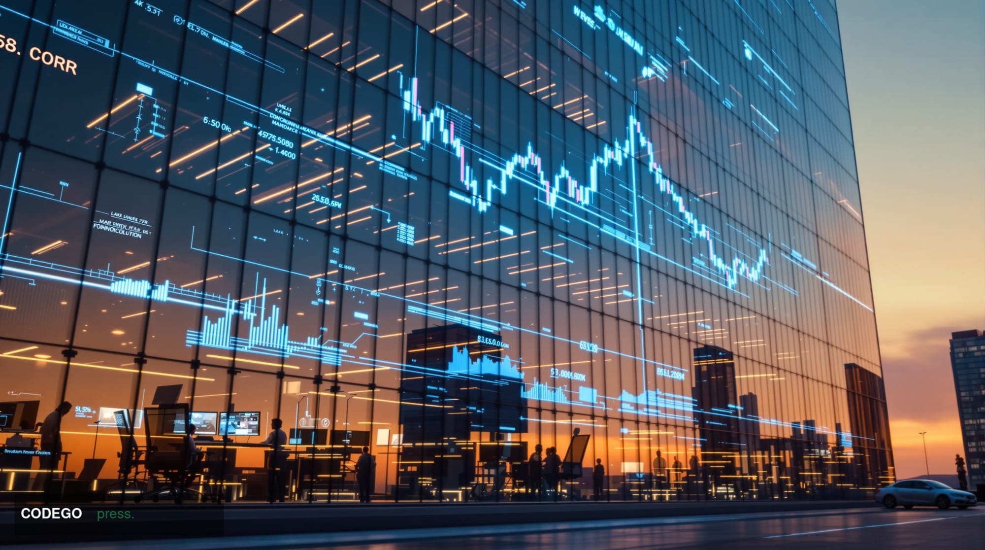 A photorealistic editorial photograph of eToro's corporate headquarters in Tel Aviv, Israel, captured during golden hour with