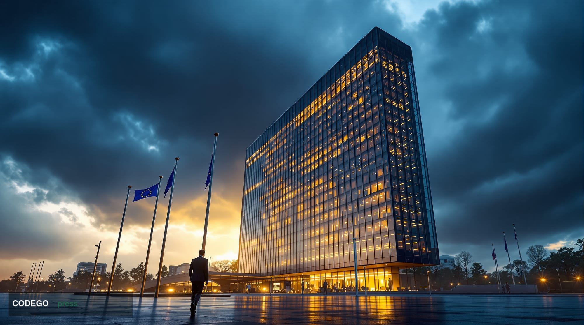 A dramatic wide-angle shot of the European Commission headquarters in Brussels, Belgium, with its distinctive modern glass an