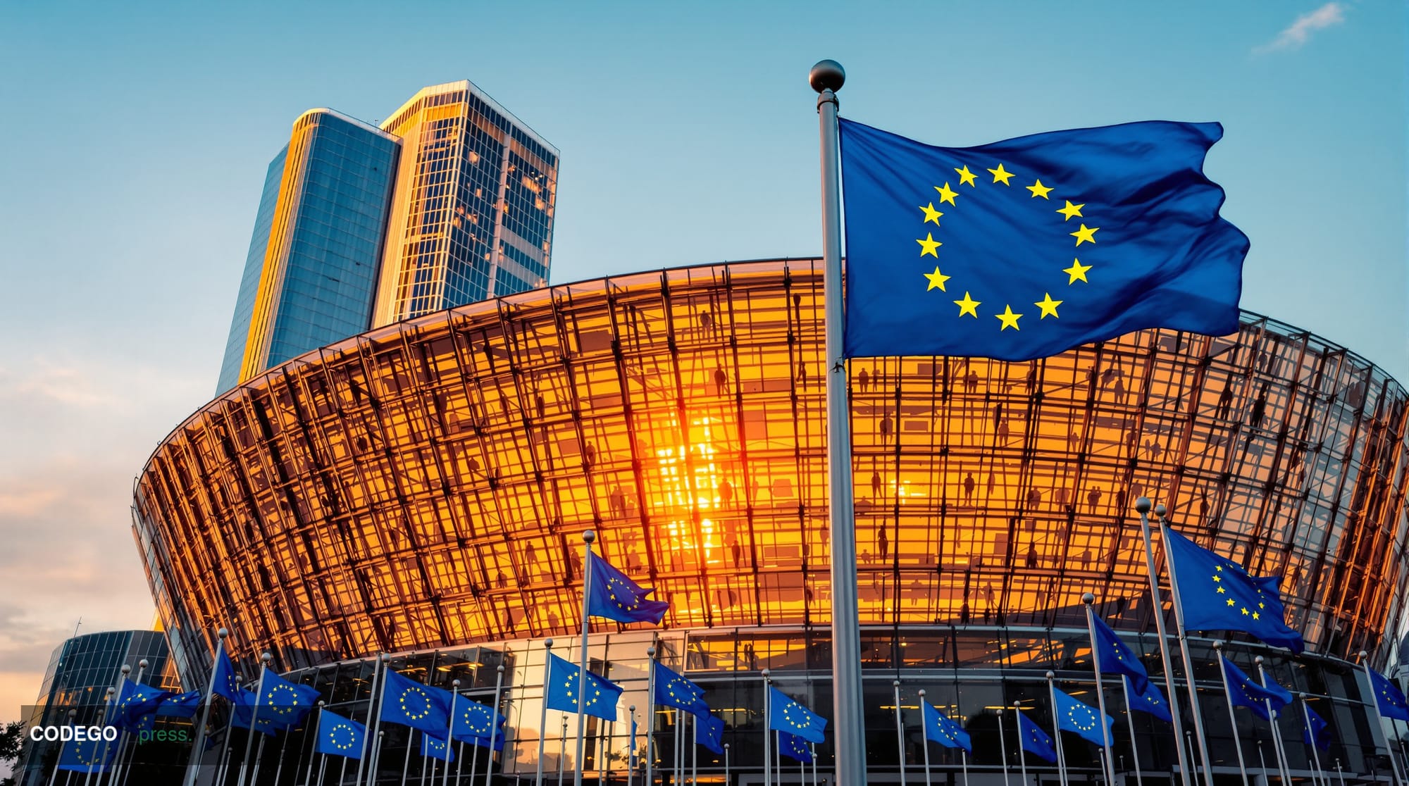 Cinematic editorial photograph of the European Parliament building in Strasbourg at golden hour, with the EU flag prominently