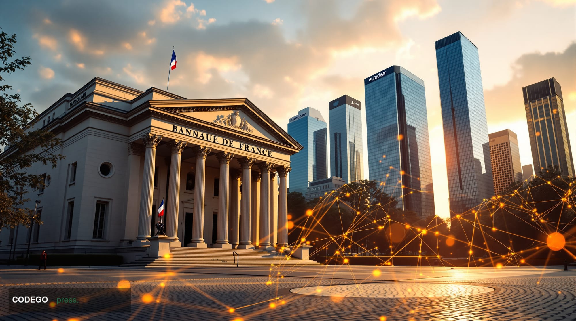 A photorealistic editorial photograph capturing the intersection of traditional European finance and blockchain innovation. T