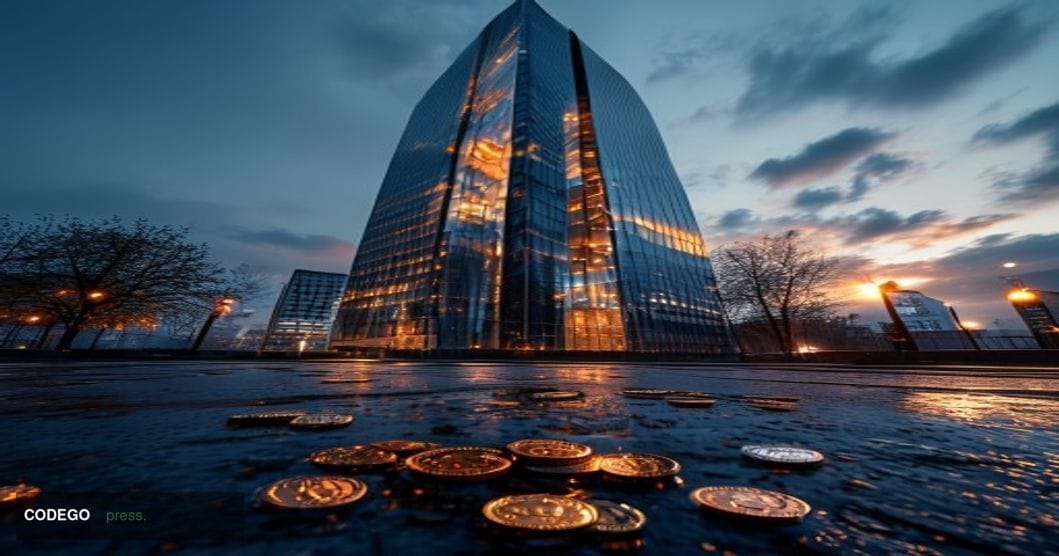 A dramatic photorealistic editorial photograph of the European Central Bank headquarters in Frankfurt, Germany, captured duri