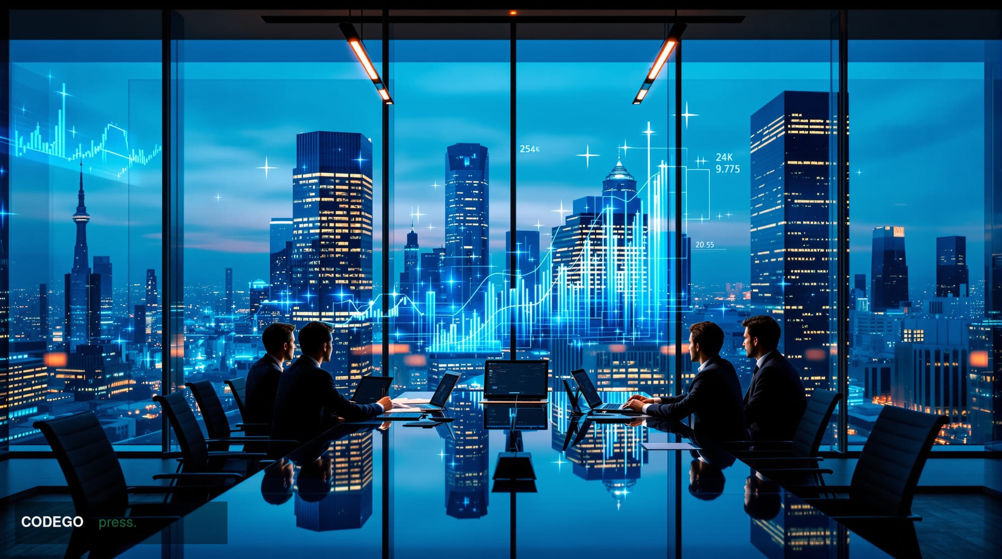 A cinematic editorial photograph showcasing European fintech dominance through a sophisticated boardroom scene in a glass-wal