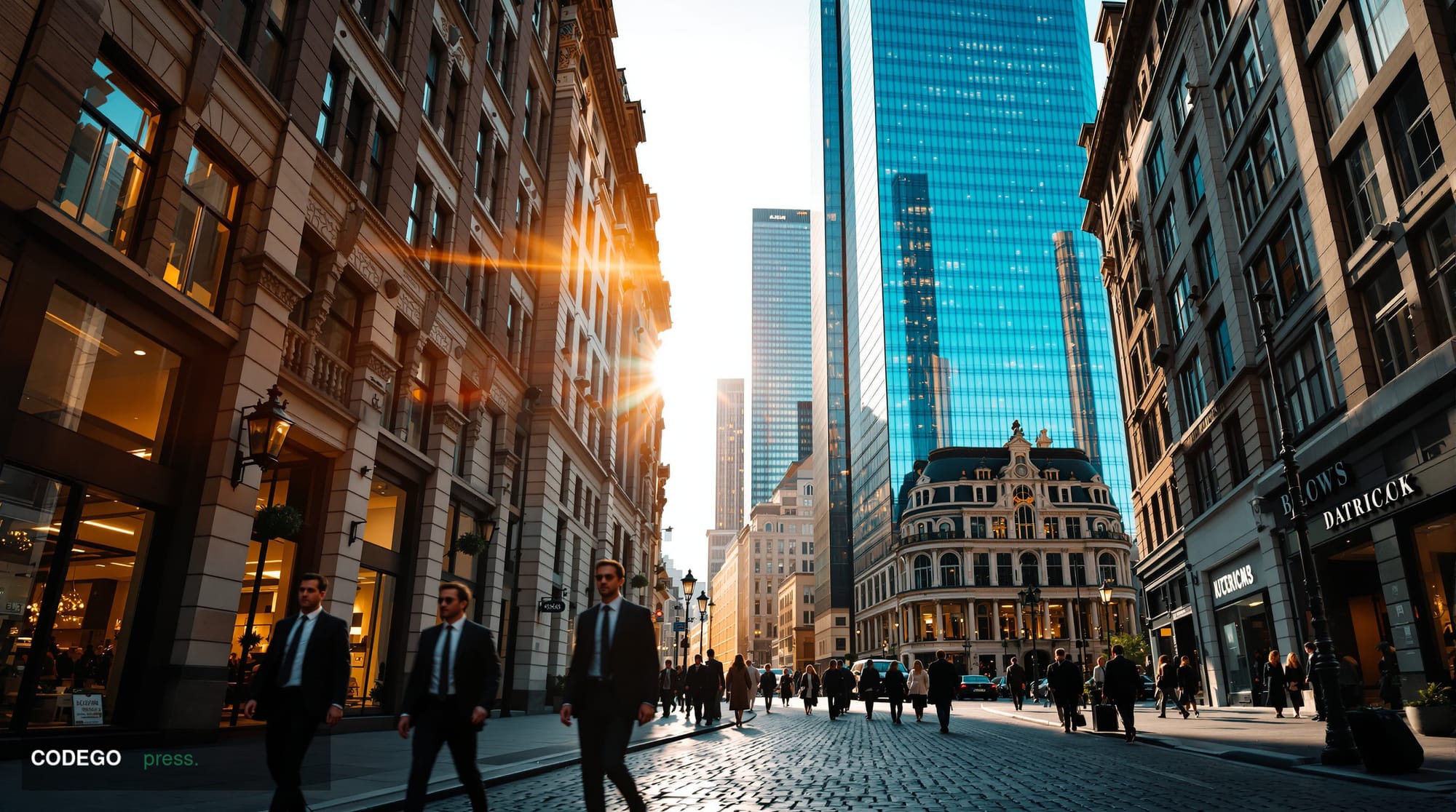 A dramatic wide-angle shot of the City of London financial district at golden hour, showcasing the modern glass towers of Can