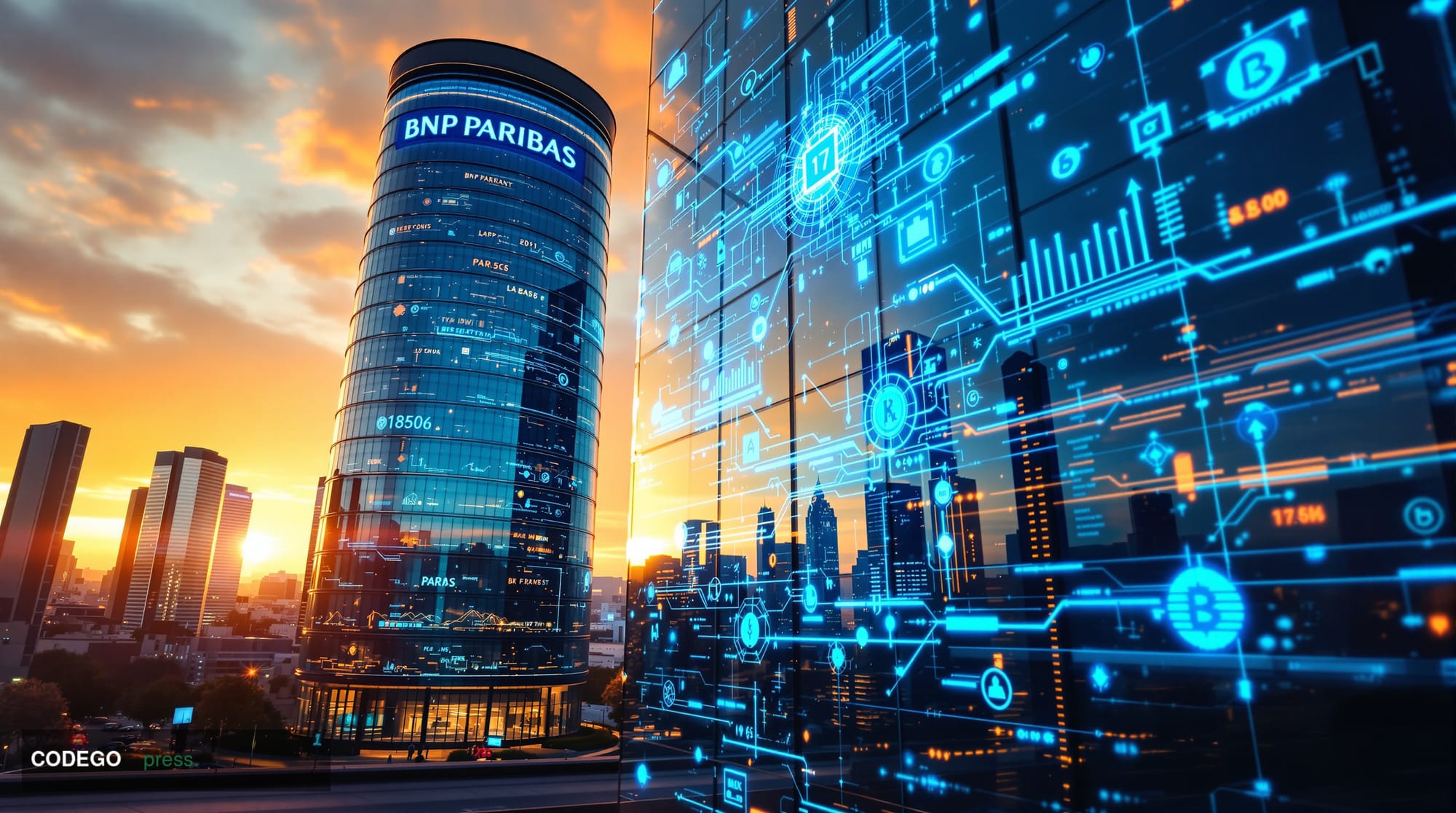 A cinematic editorial photograph capturing the convergence of traditional European banking and blockchain tokenization. The s