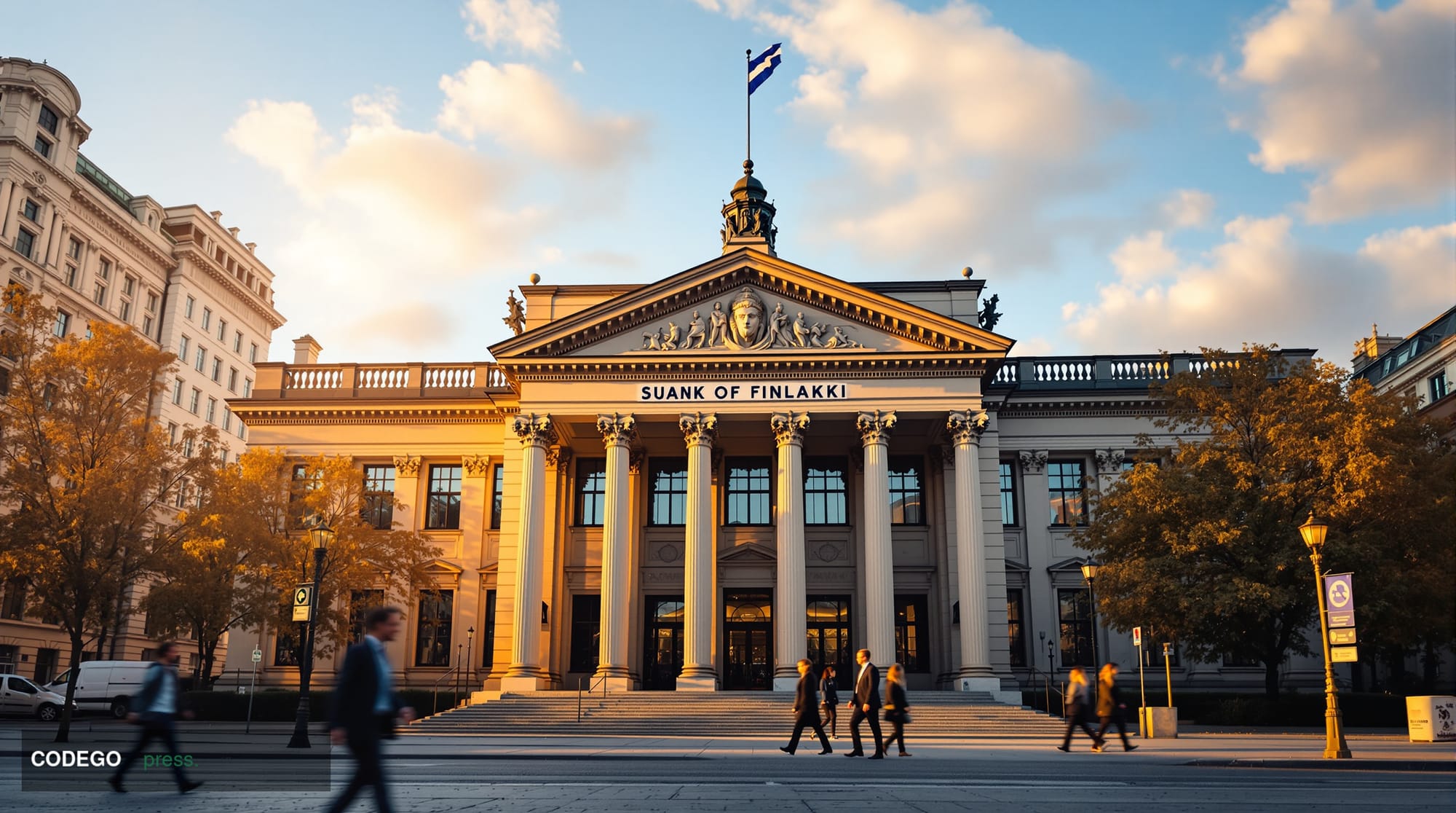 A cinematic editorial photograph of the Bank of Finland headquarters in Helsinki, captured during the early morning golden ho