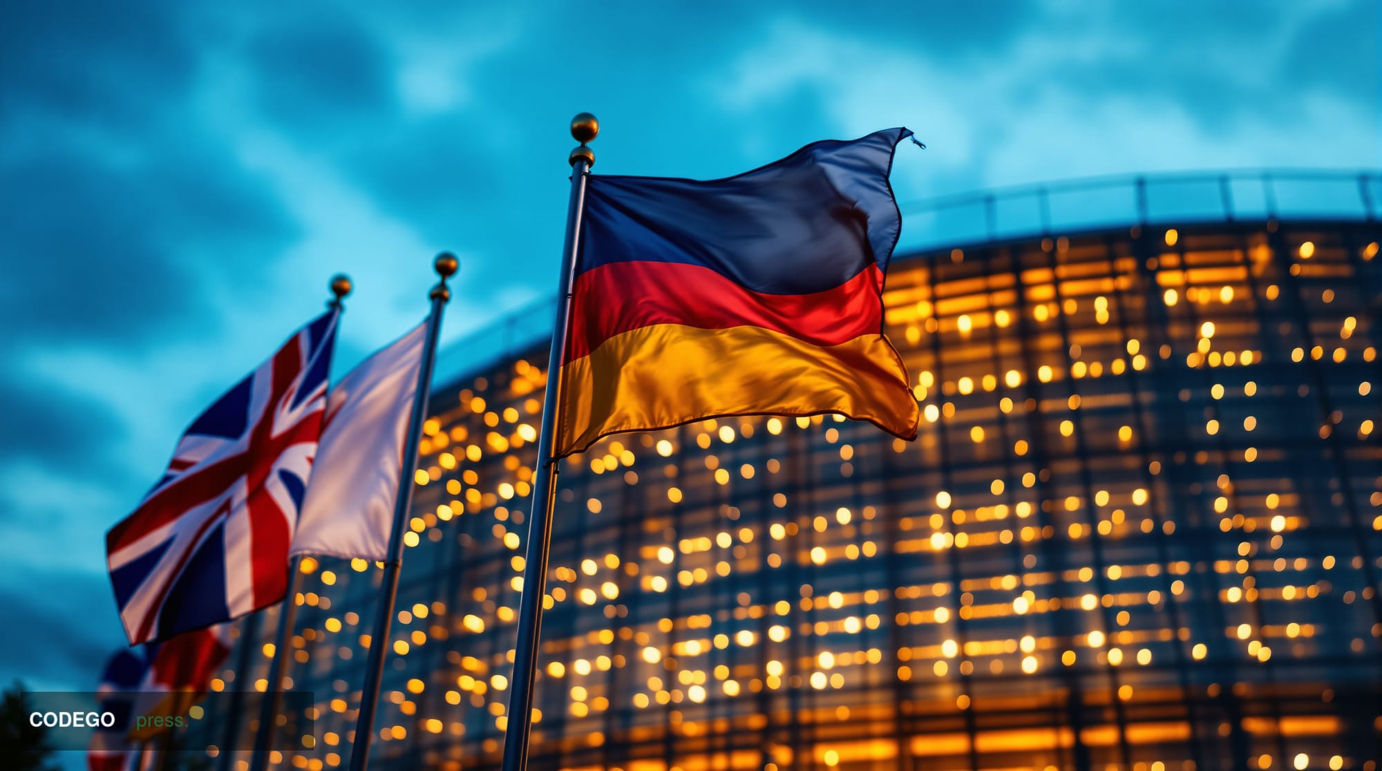A dramatic photorealistic editorial photograph showing the European Parliament building in Strasbourg at golden hour, with th