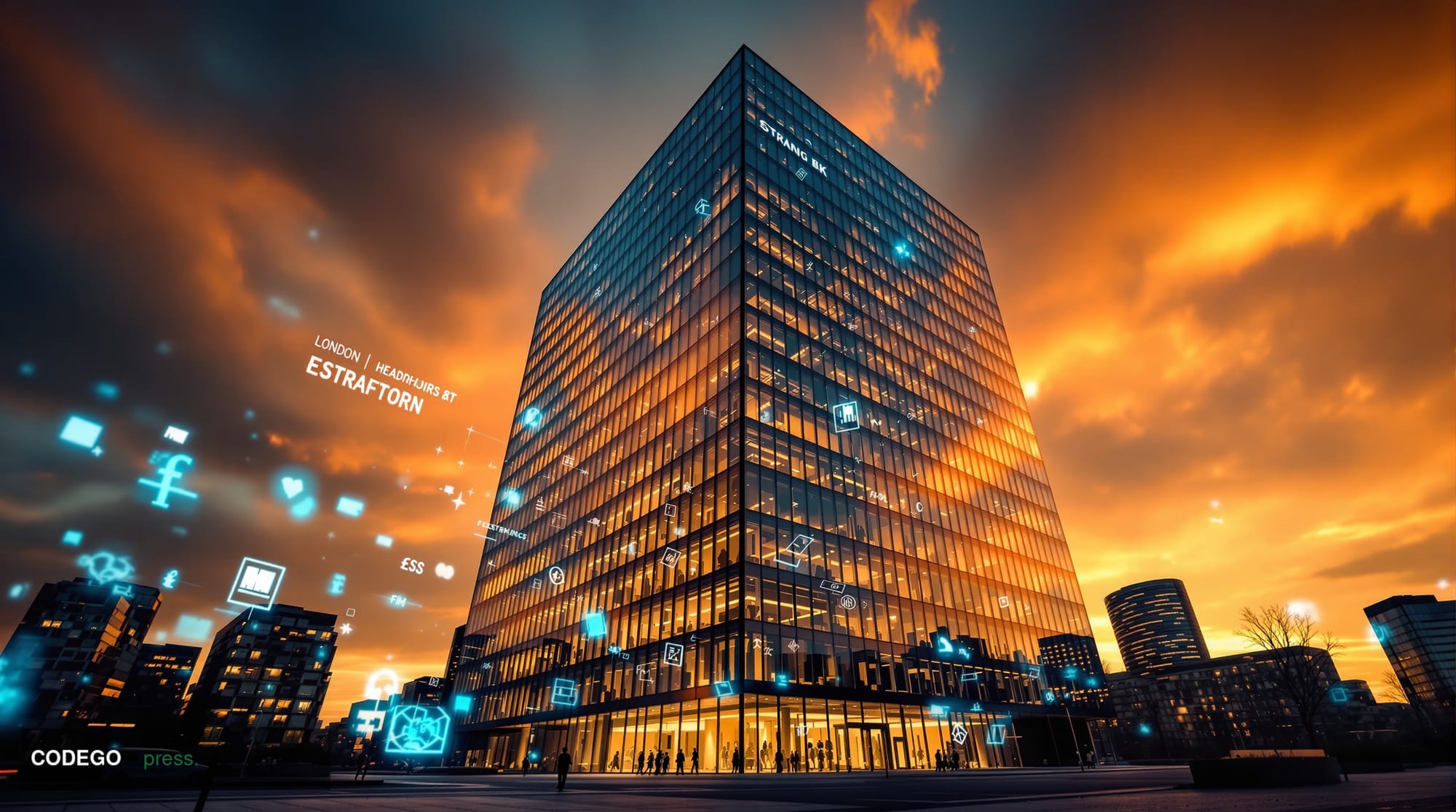 A cinematic editorial photograph showcasing the Financial Conduct Authority's distinctive London headquarters building at Str