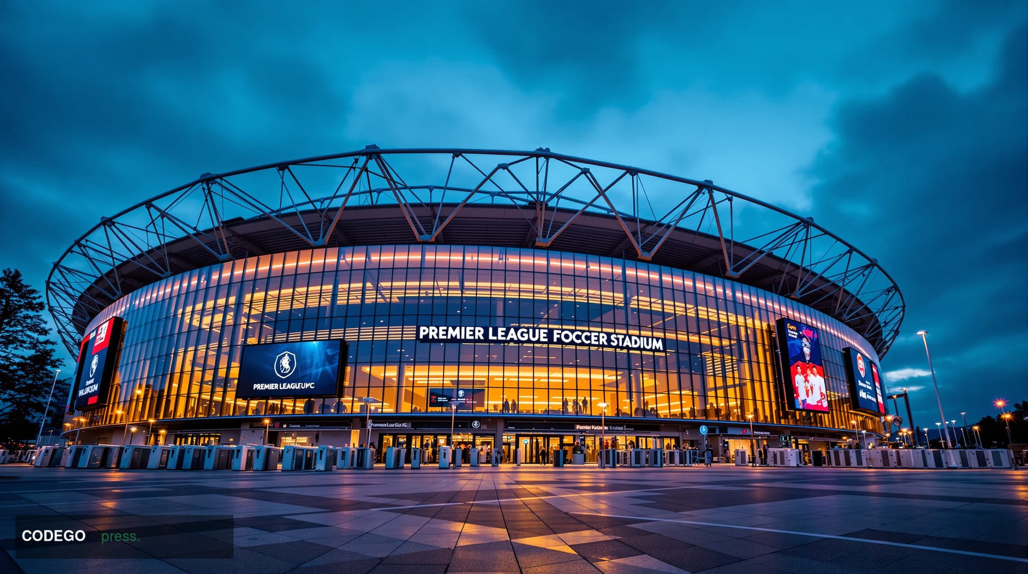 A dramatic wide-angle photograph of a Premier League soccer stadium exterior during golden hour, with the iconic curved archi