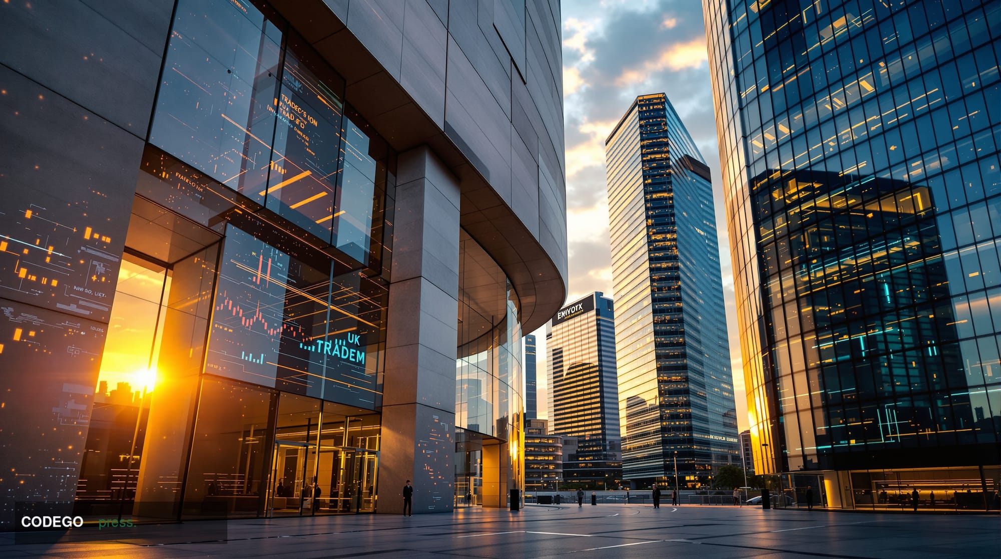Photorealistic editorial photograph capturing the intersection of UK financial regulation and cryptocurrency trading. The sce