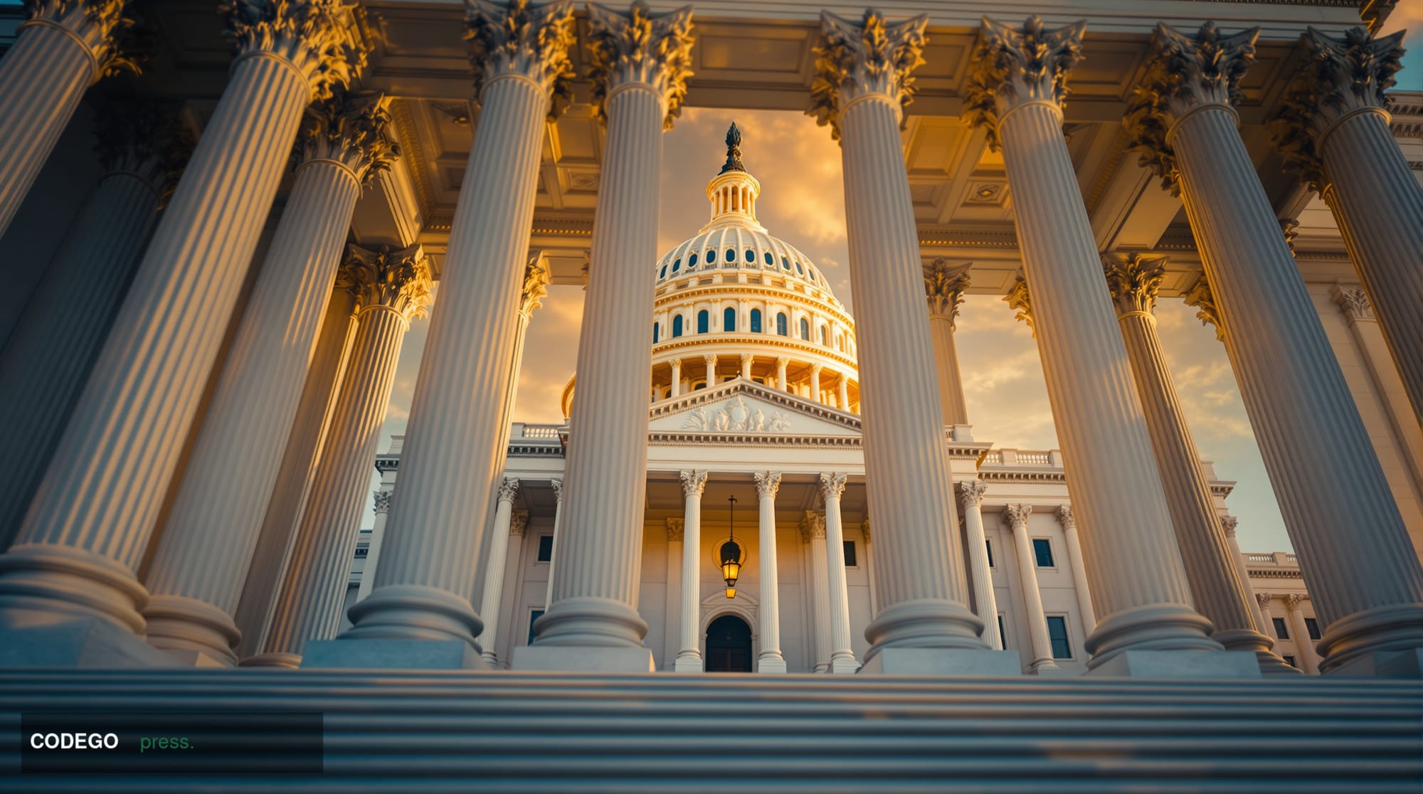 A cinematic editorial photograph of the imposing neoclassical facade of the US Capitol building in Washington DC, shot from a