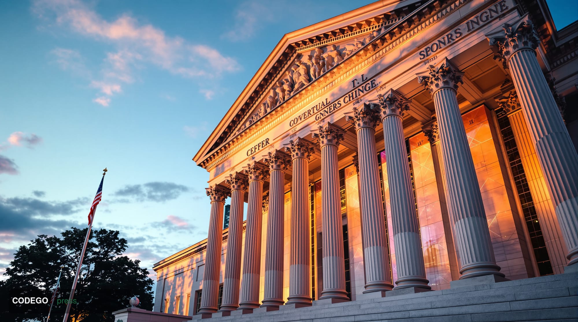 A dramatic photorealistic editorial photograph of the Federal Reserve building's iconic neoclassical facade in Washington D.C