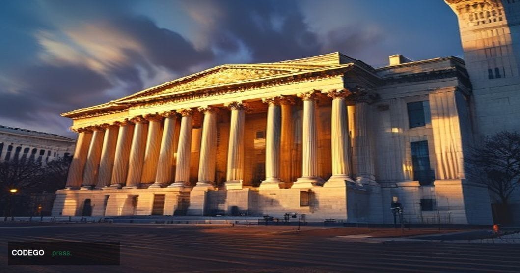 A photorealistic editorial photograph of the imposing Federal Reserve building in Washington DC, captured during golden hour 