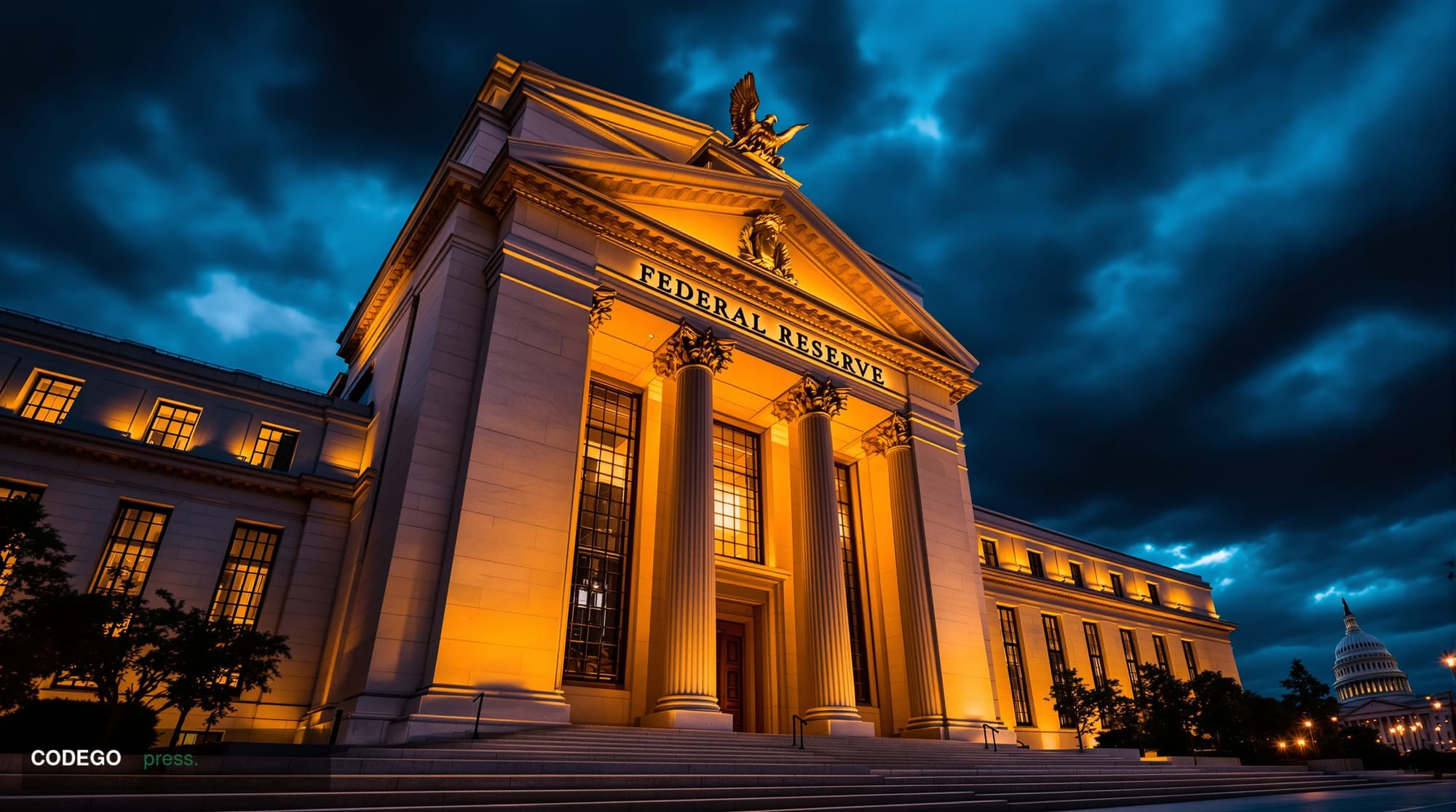 A dramatic cinematic photograph of the Federal Reserve building's iconic neoclassical facade in Washington D.C., shot from a 