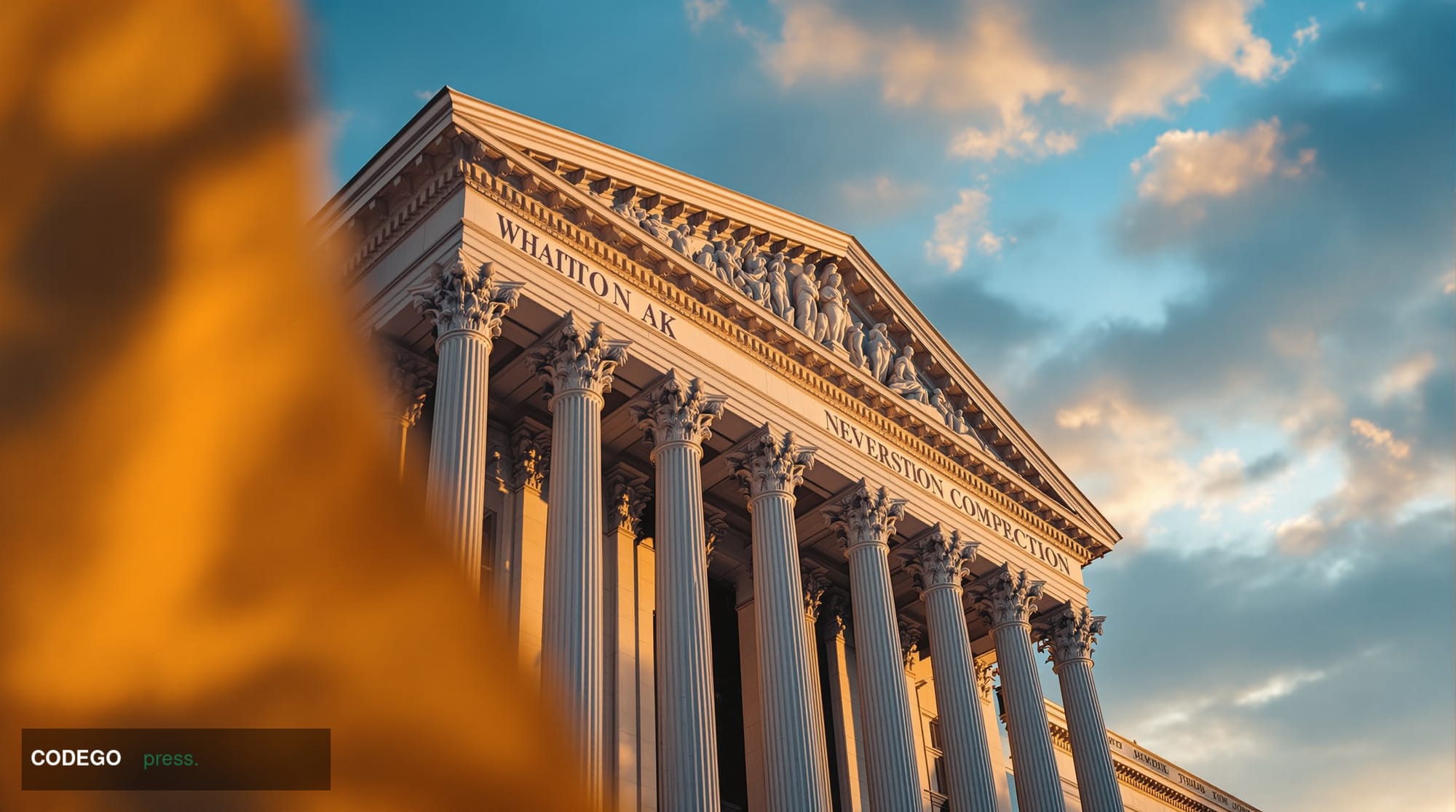 A dramatic cinematic editorial photograph of the Federal Reserve building in Washington D.C., captured during golden hour wit
