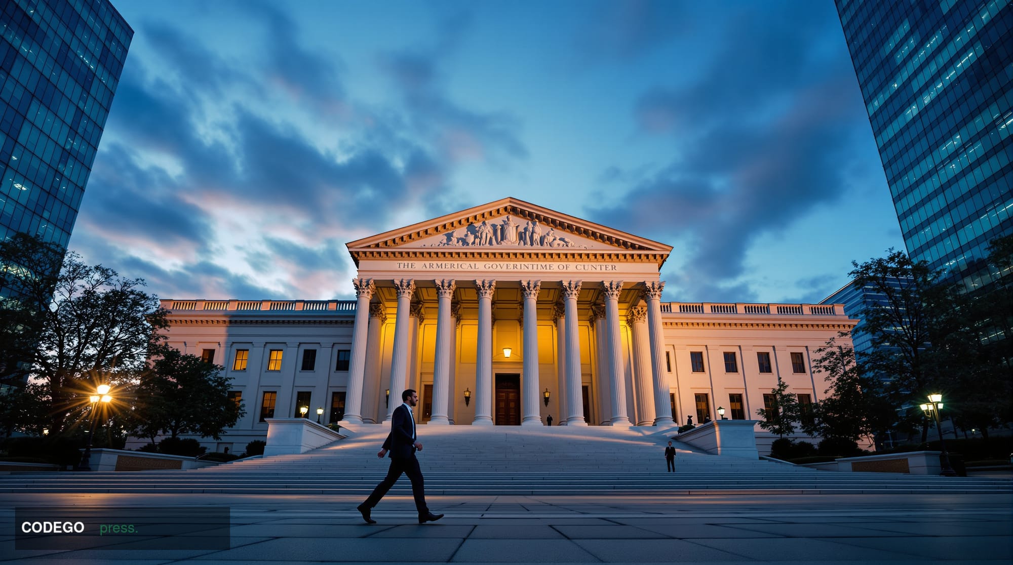A dramatic editorial photograph of the Federal Reserve building in Washington DC during golden hour, shot from a low angle to