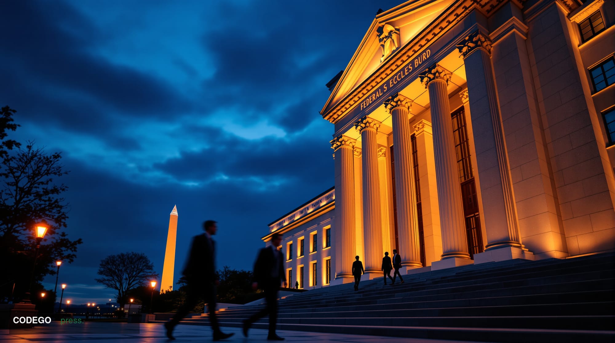 A dramatic photorealistic editorial photograph of the Federal Reserve building in Washington D.C. at dusk, shot from a low an
