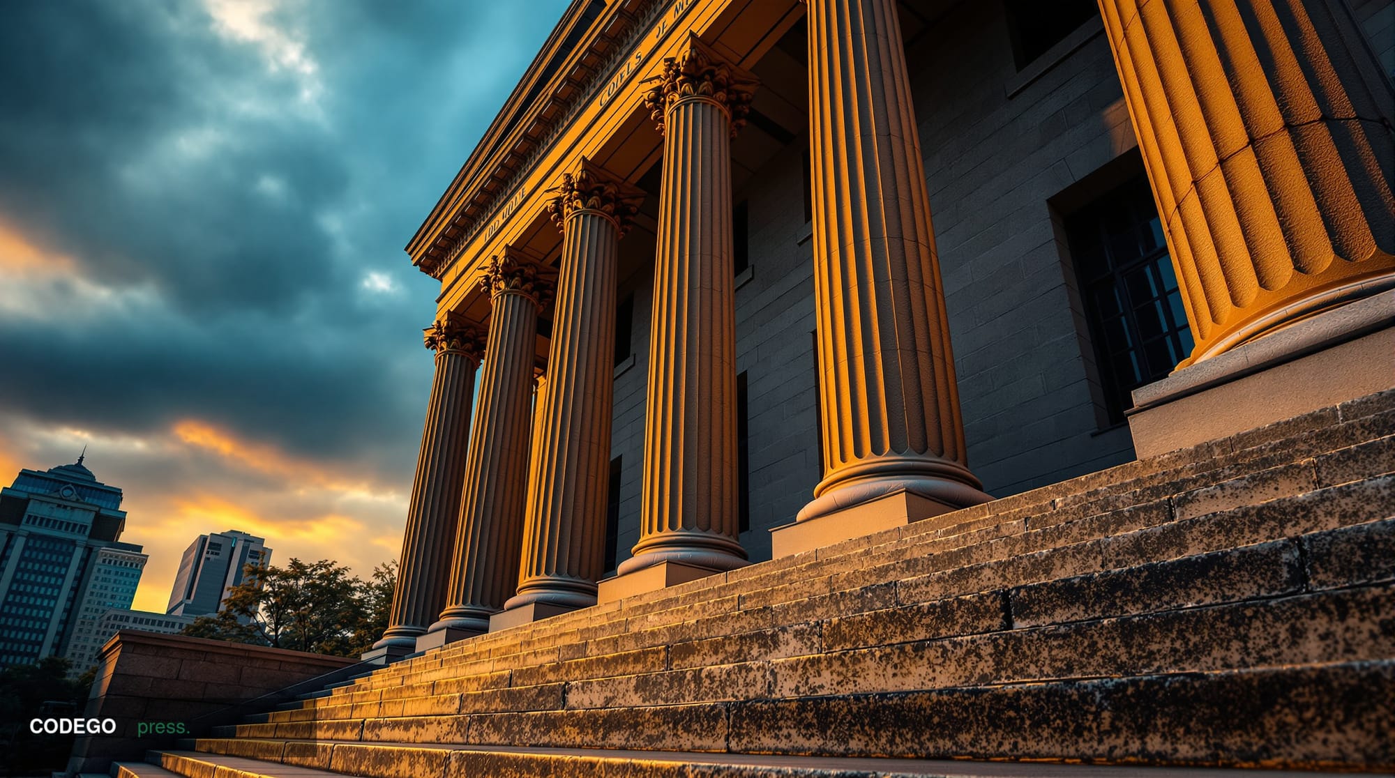 A dramatic photorealistic editorial photograph showing the imposing facade of a federal courthouse building with neoclassical