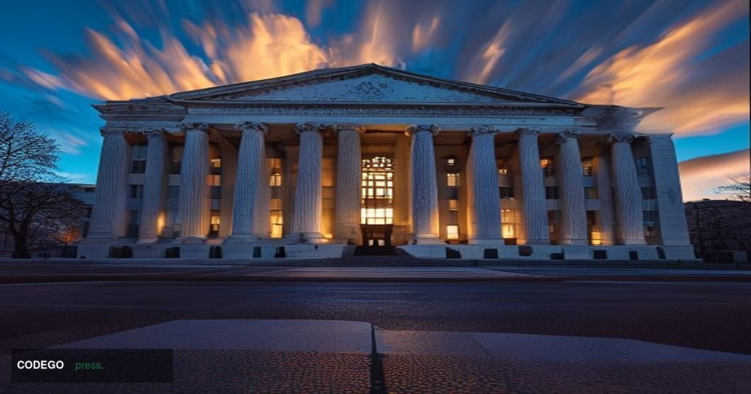 A photorealistic editorial photograph of the Federal Reserve headquarters in Washington D.C., shot during golden hour with dr