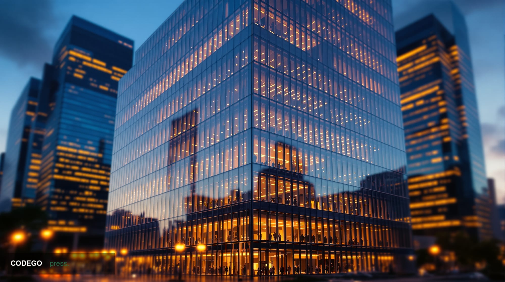 A cinematic editorial photograph of Figure's modern corporate headquarters building in San Francisco's financial district, ca