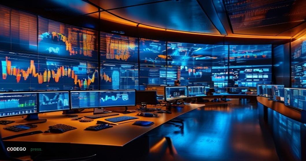 A sophisticated financial newsroom environment photographed in dramatic editorial style with warm amber desk lighting contras