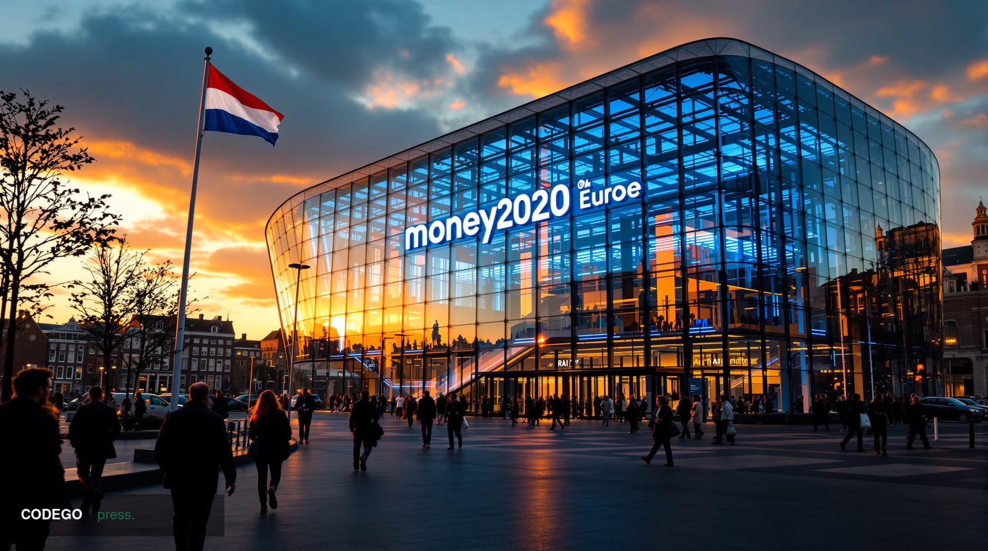 A cinematic editorial photograph of the Money20/20 Europe conference venue in Amsterdam, showing the iconic Amsterdam RAI Con