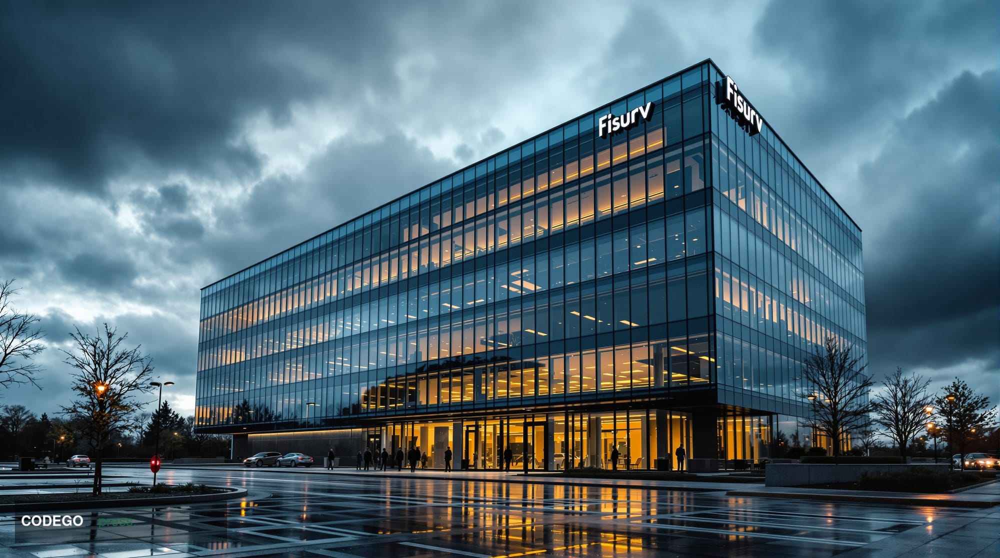 A dramatic photorealistic editorial photograph capturing the corporate headquarters of Fiserv in Brookfield, Wisconsin, showi