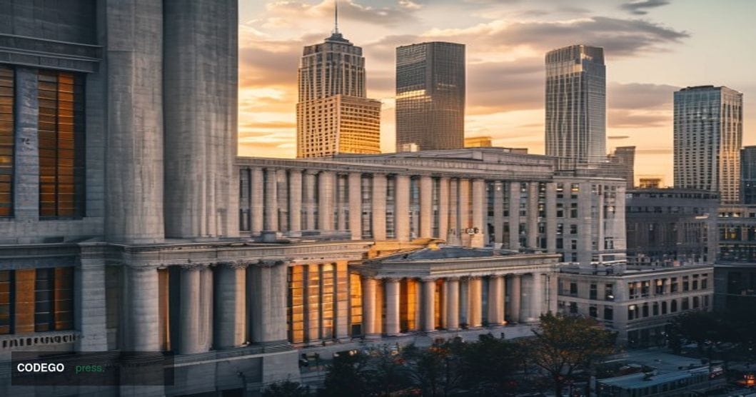 A cinematic editorial photograph showcasing FNBO's Kansas City expansion through a dramatic wide-angle view of Kansas City's 