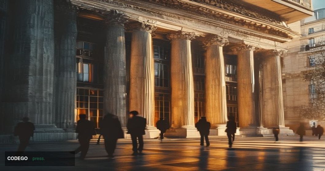 A cinematic editorial photograph of the Bank of France headquarters building in Paris, showcasing the iconic neoclassical arc