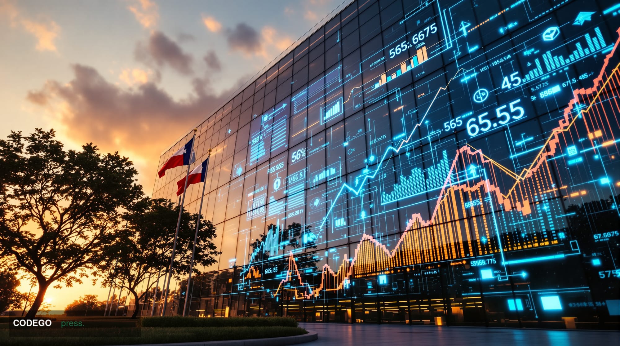A dramatic photorealistic editorial photograph showing GameStop's corporate headquarters in Grapevine, Texas, captured during