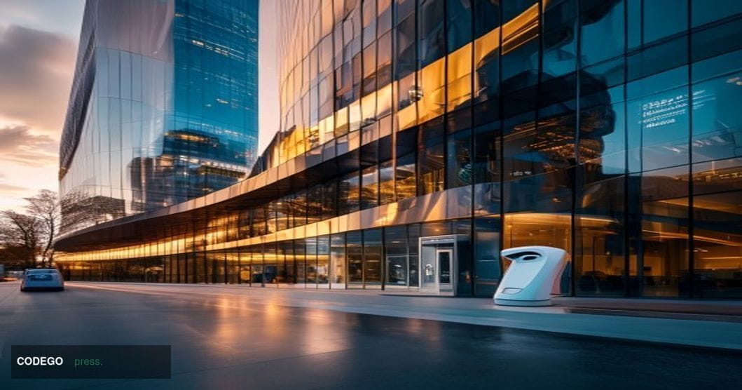 A cinematic editorial photograph of GE HealthCare's modern headquarters complex in Chicago, shot during golden hour with dram