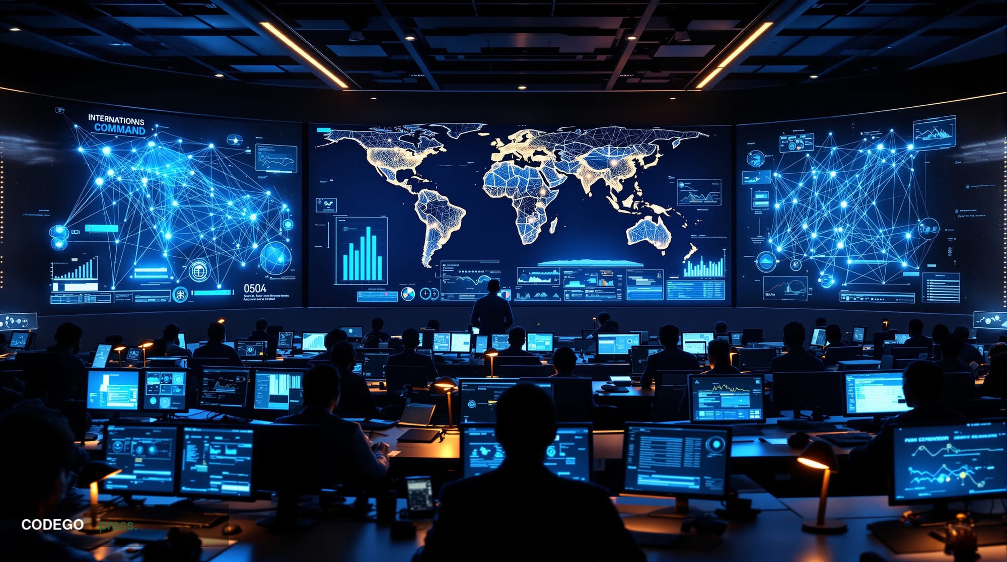A dramatic photorealistic editorial photograph showing an international law enforcement coordination center during a major cr